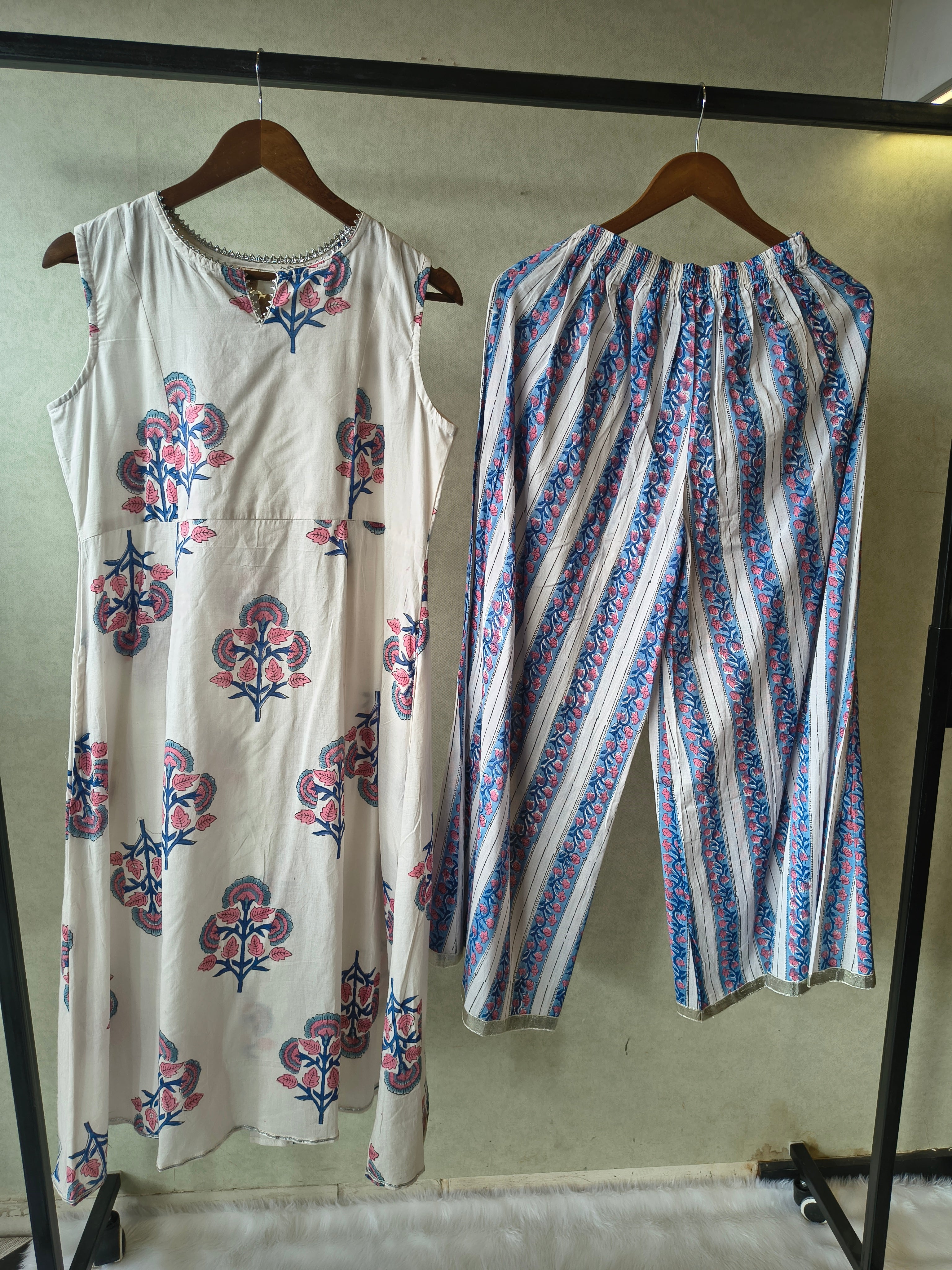 Image of Premium Ivory Floral Block Print Sleeveless Kurta with Printed Palazzo Pants Co-Ord Set