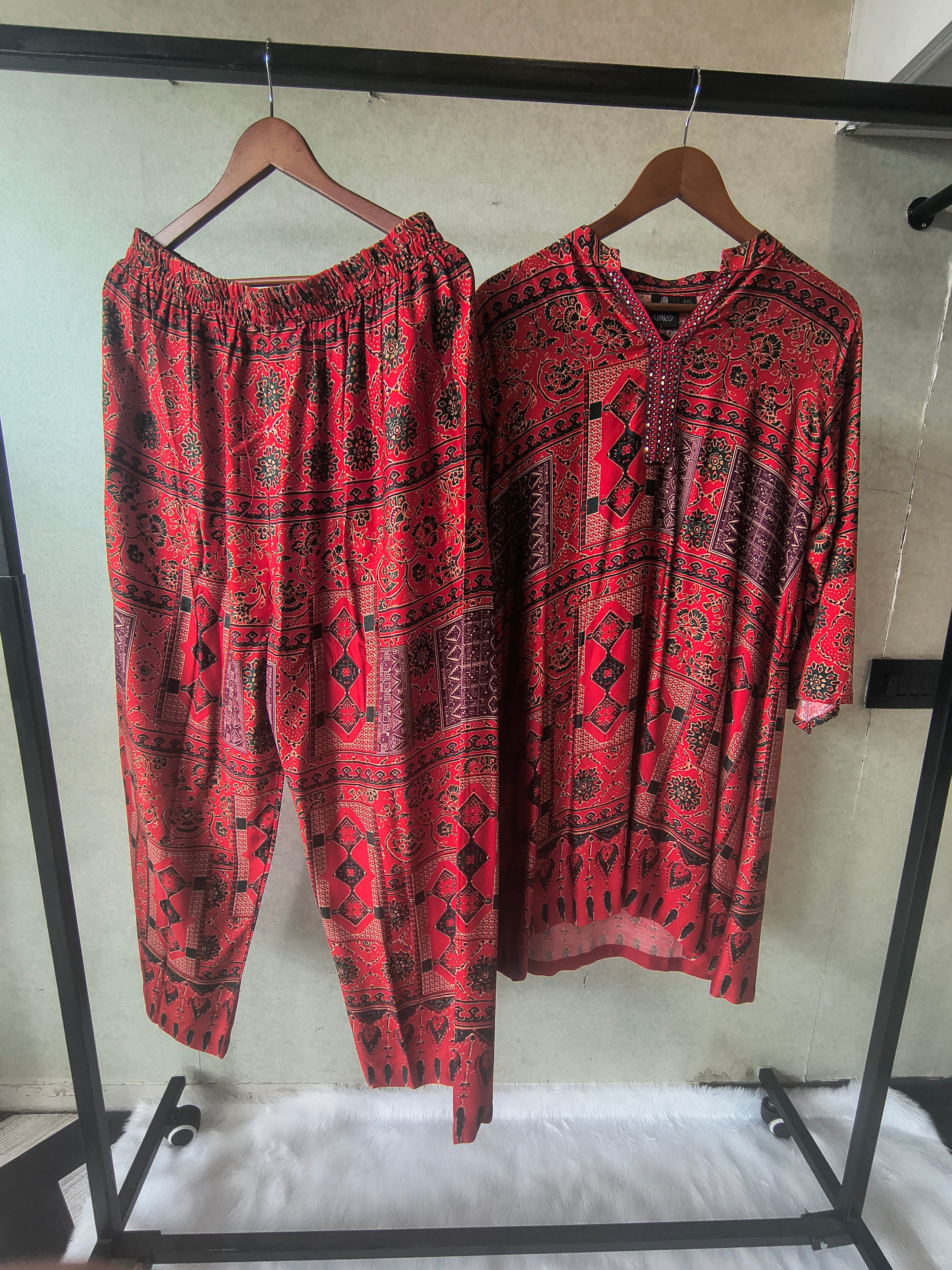 Image of Premium Rust Red Tribal Print Co-Ord Kurta Set with Straight Pants