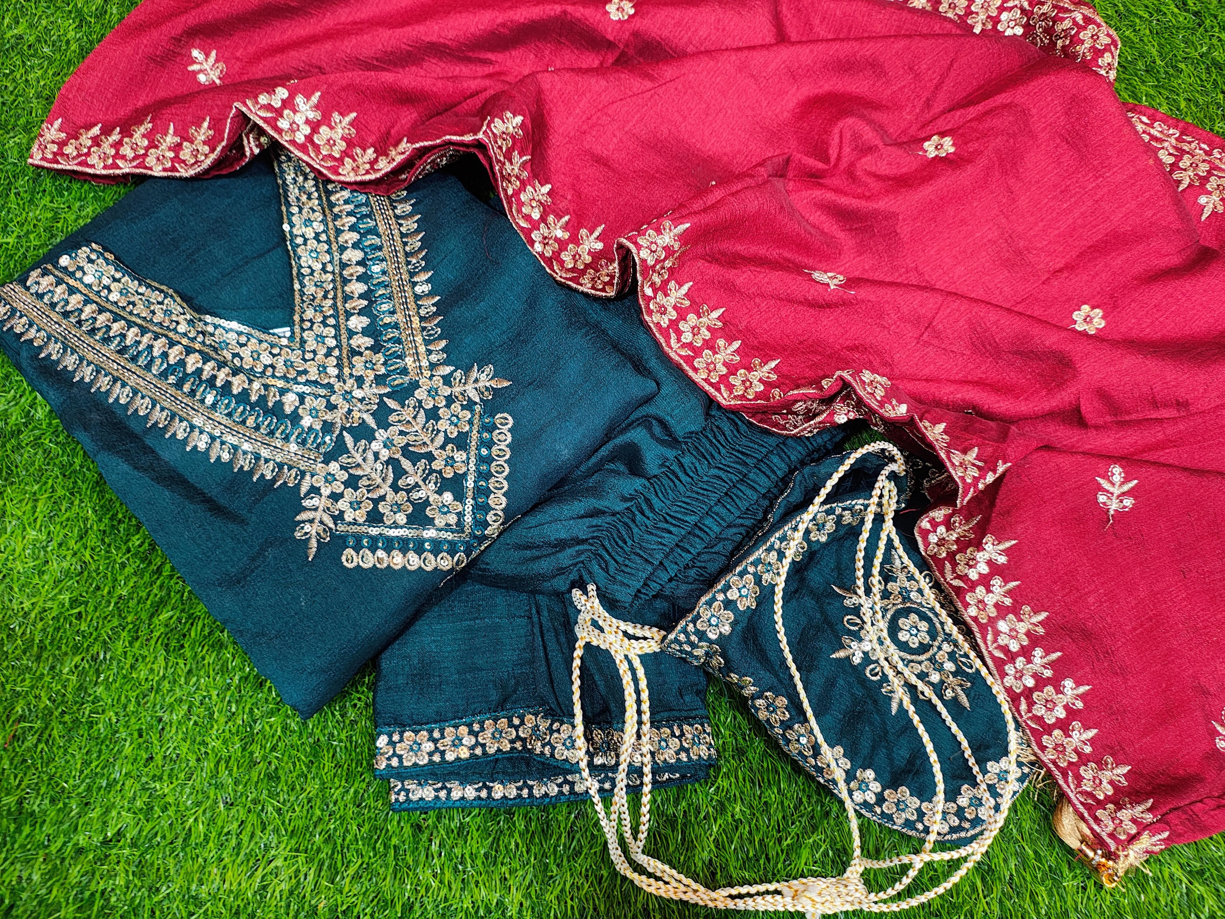 Image of Presenting Beautiful Heavy VICHITRA BLUMING Silk Fabric designer festive wear kurti pant and duppta with Coding work with lining