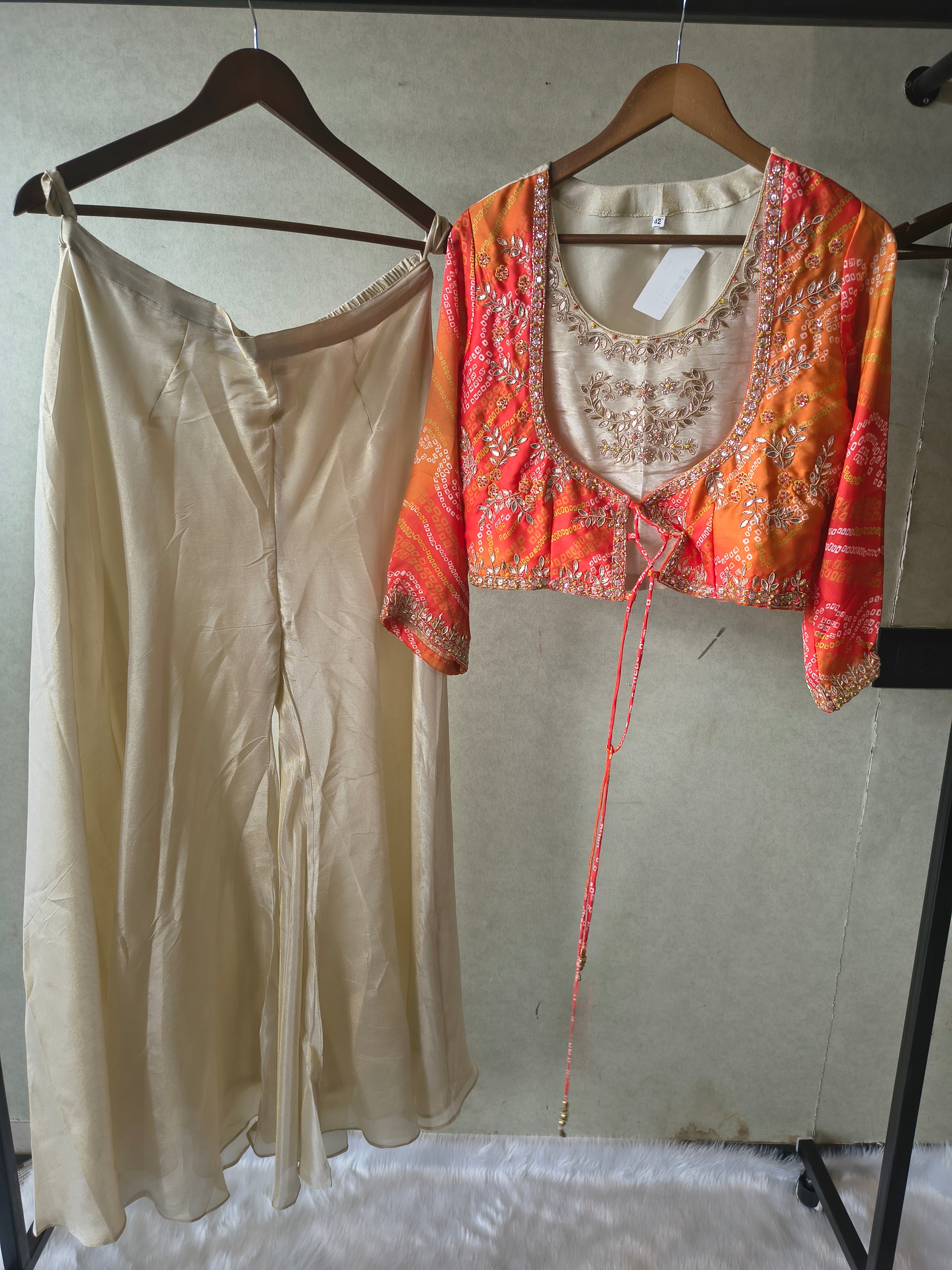 Image of Premium Ivory & Bandhani Orange 3-Piece Designer Palazzo Set with Embroidered Inner & Printed Jacket
