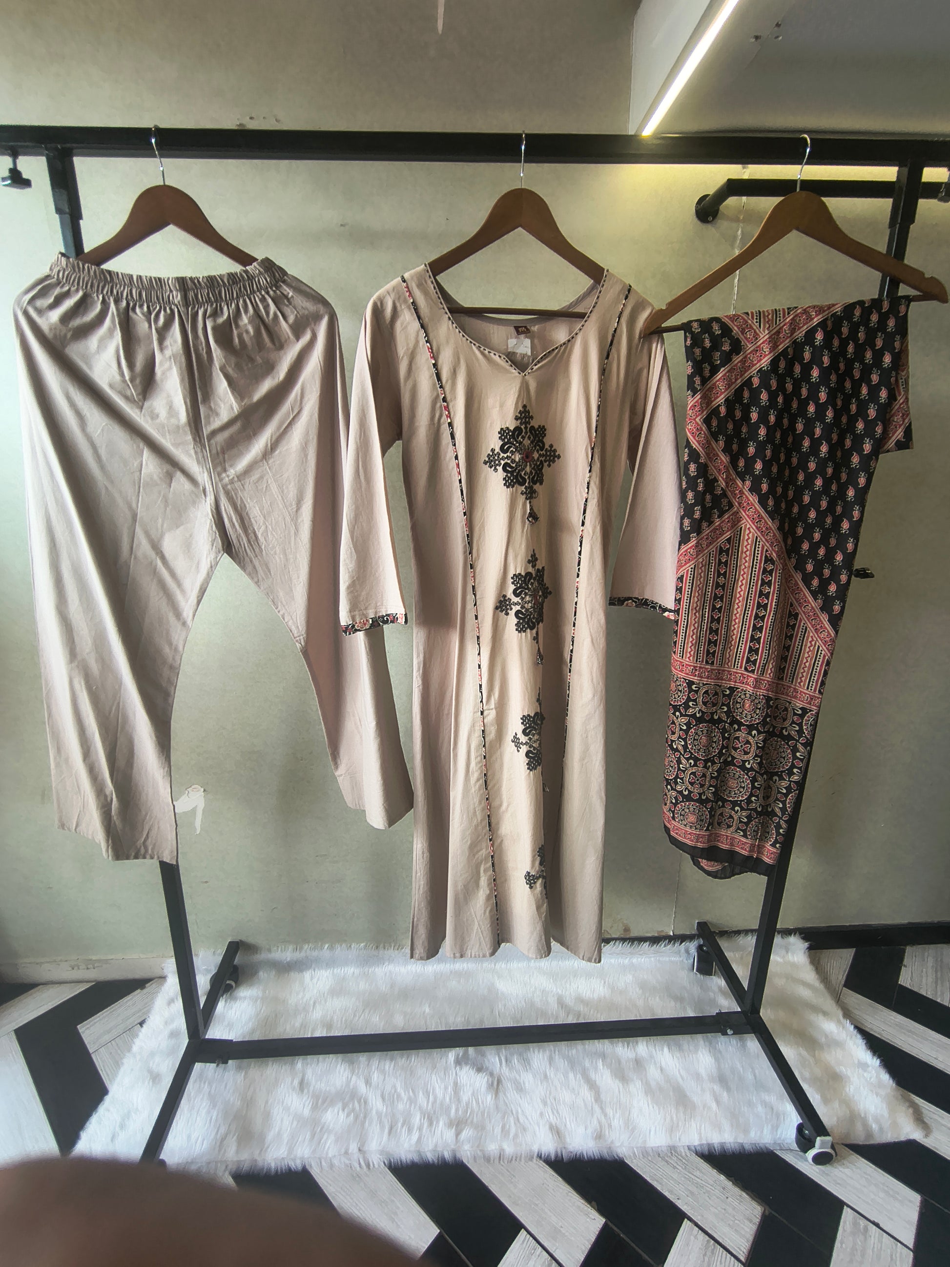 Blush Beige Cotton Straight Kurta Set with Floral Embroidery & Printed Dupatta