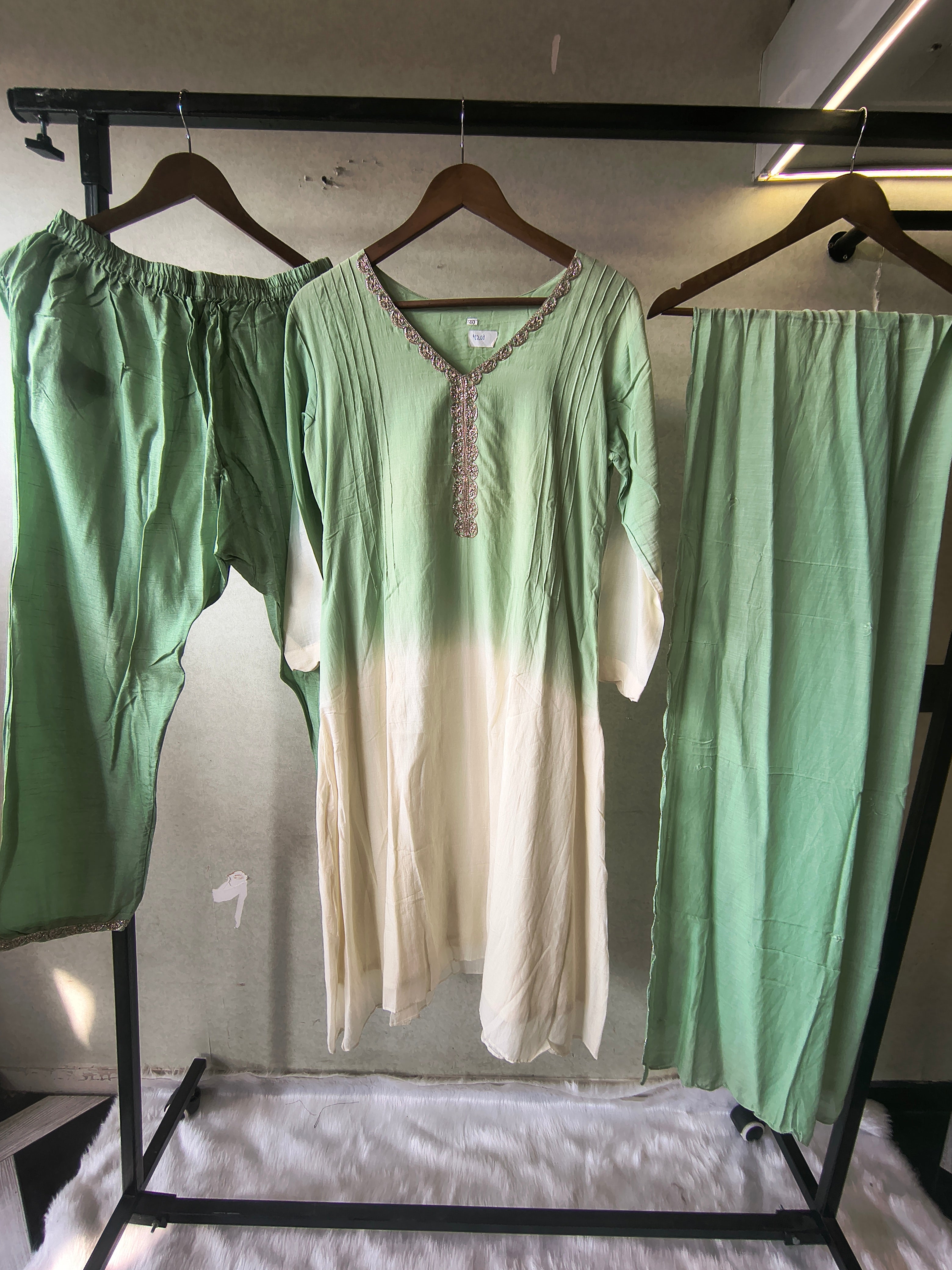 Image of Mint Green Ombre Silk Blend Kurta Set with Embellished Neckline & Matching Dupatta – Premium 3 Piece Ethnic Ensemble