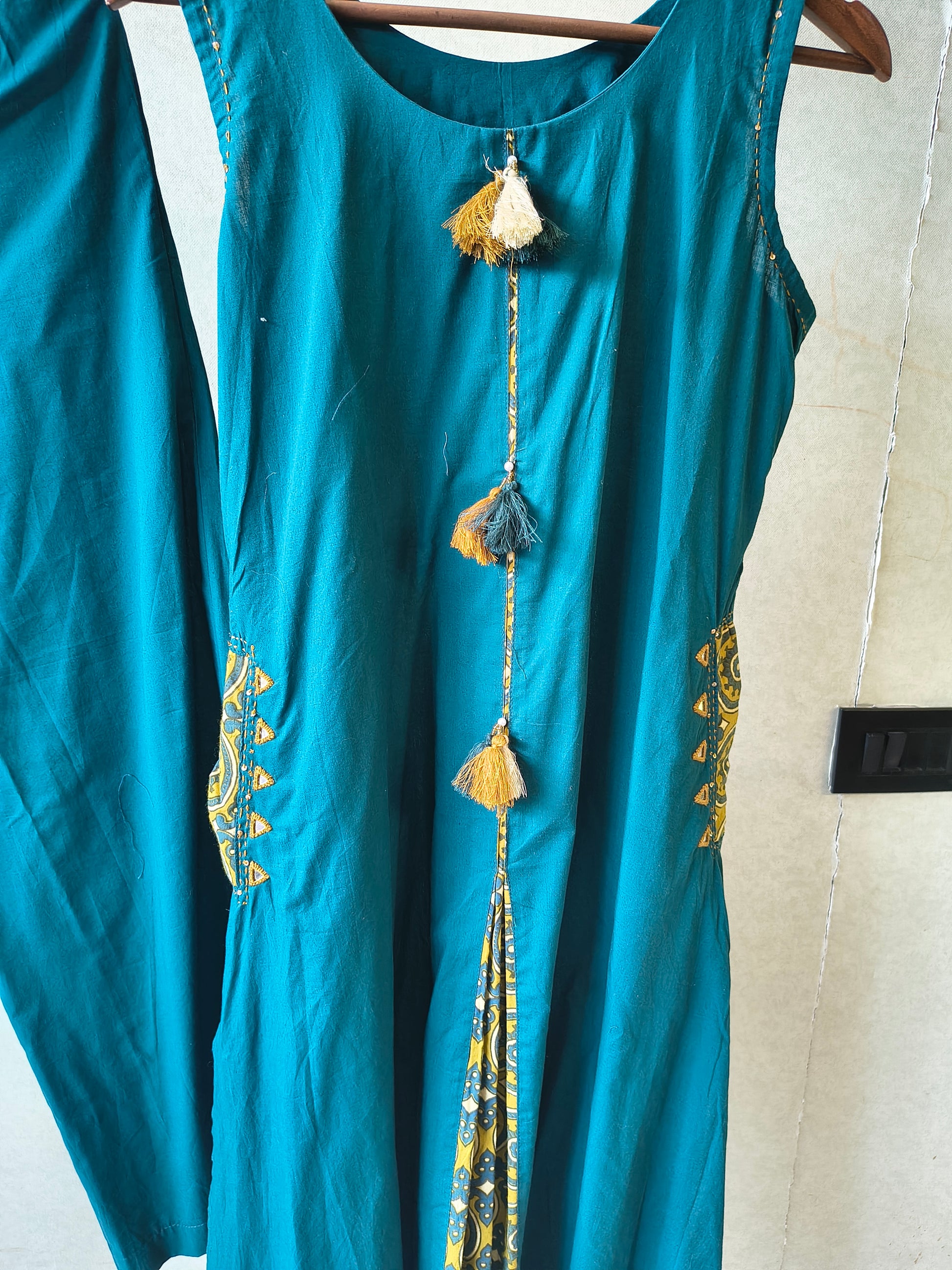 Teal Sleeveless A-Line Kurta Set with Printed Panel & Straight Pants