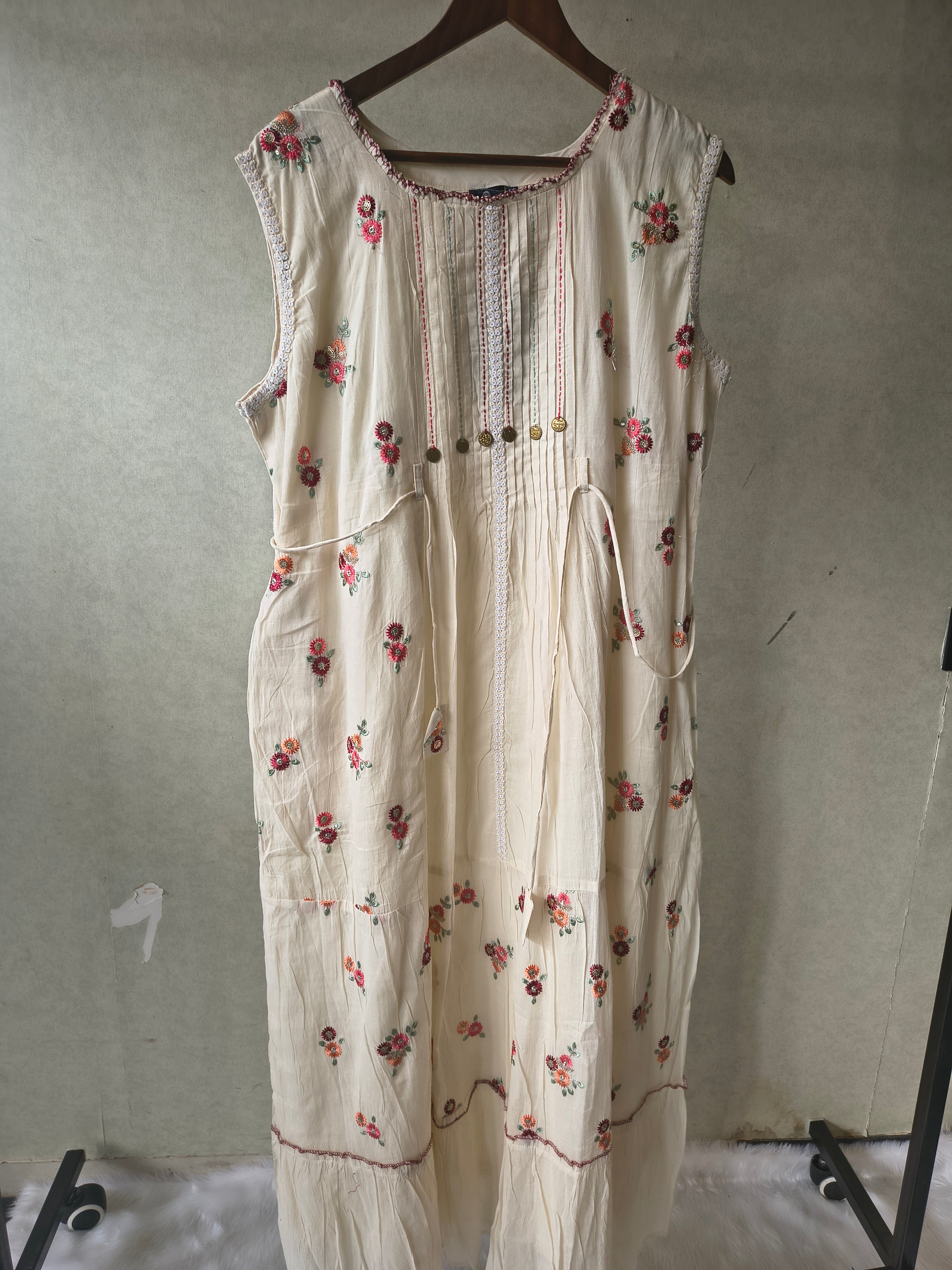 Image of Premium Ivory Floral Embroidered Sleeveless Tiered Maxi Dress with Pintuck Detailing