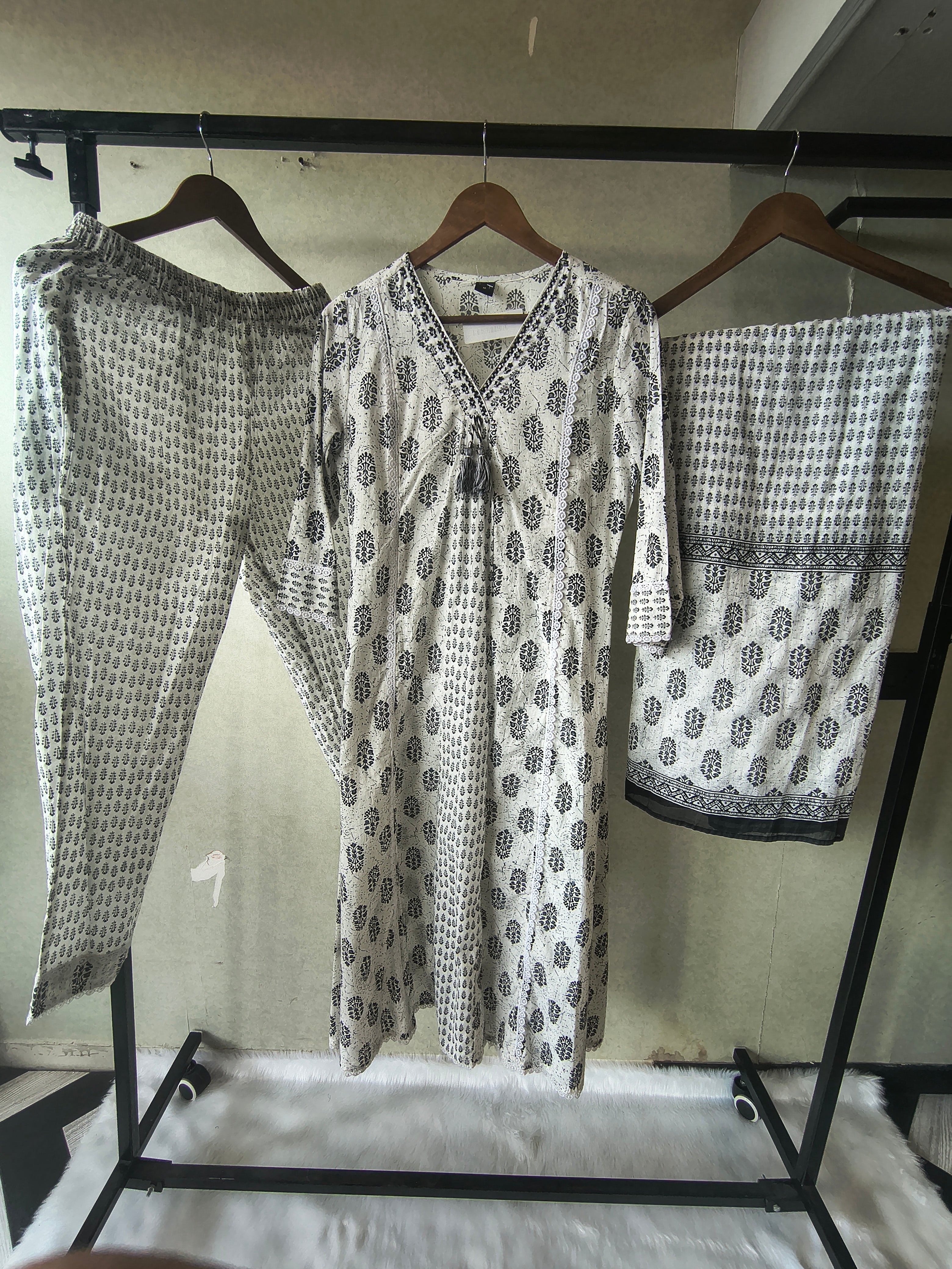 Image of Premium Black & White Hand Block Printed Cotton Anarkali Kurta Set with Printed Pants & Dupatta