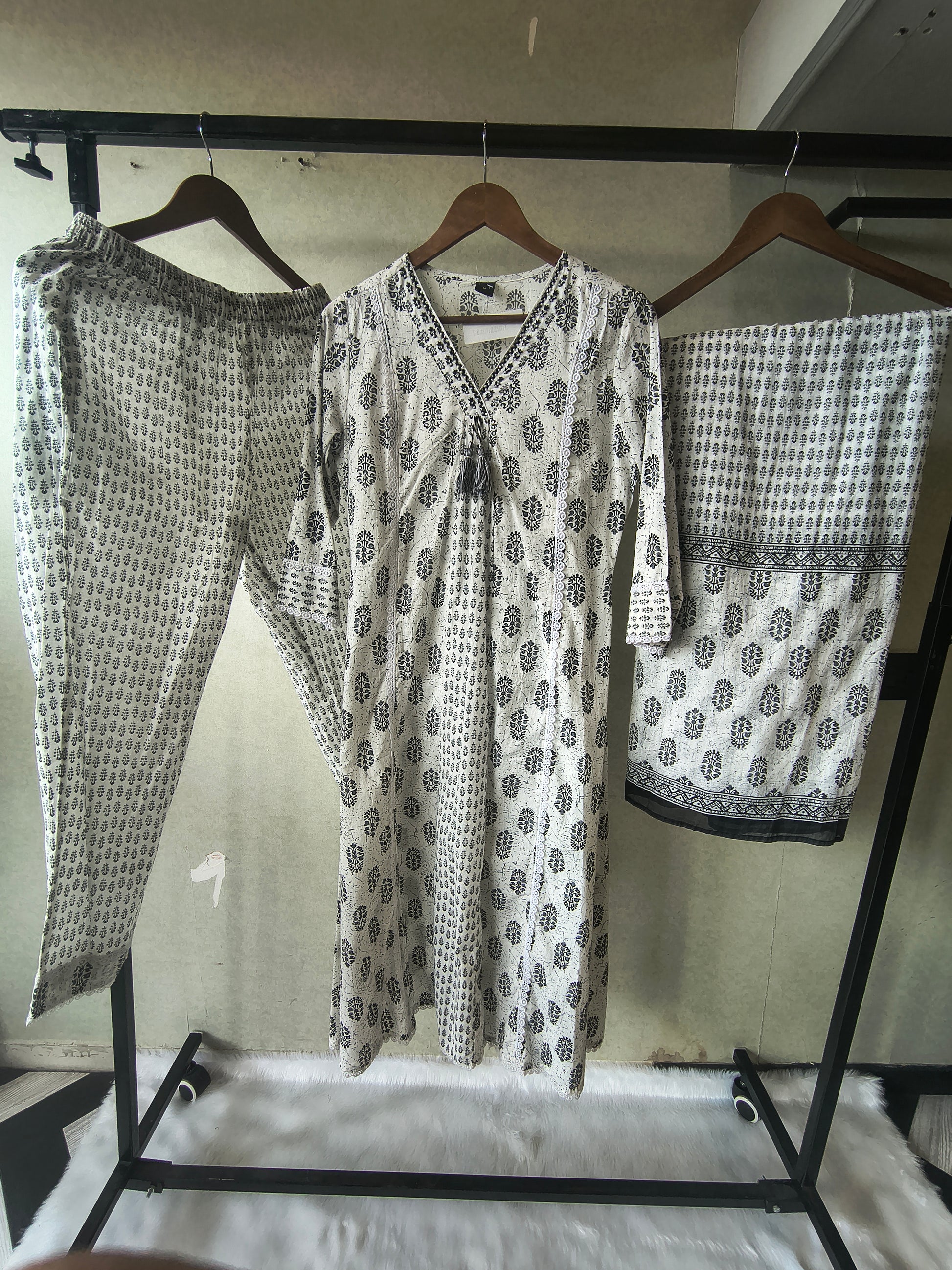 Premium Black & White Hand Block Printed Cotton Anarkali Kurta Set with Printed Pants & Dupatta