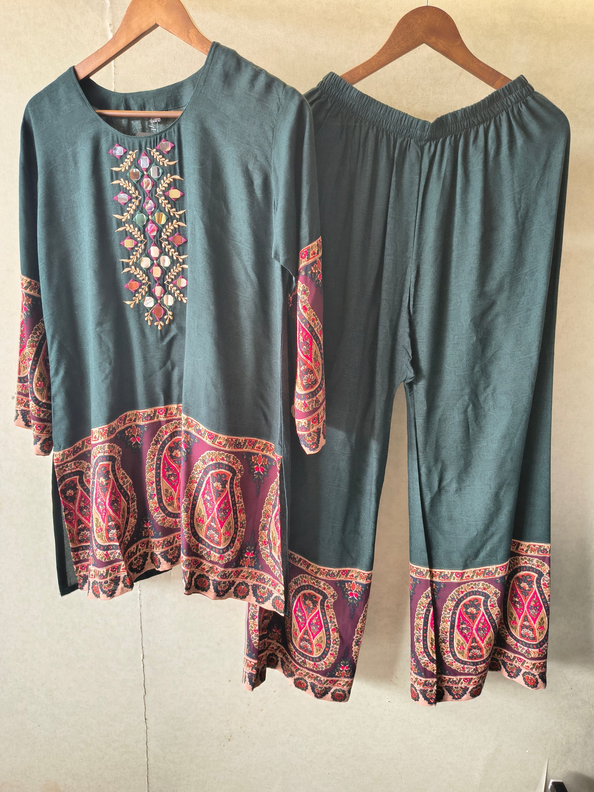 Premium Teal Mirror Work Printed Kurta Pant Co-Ord Set