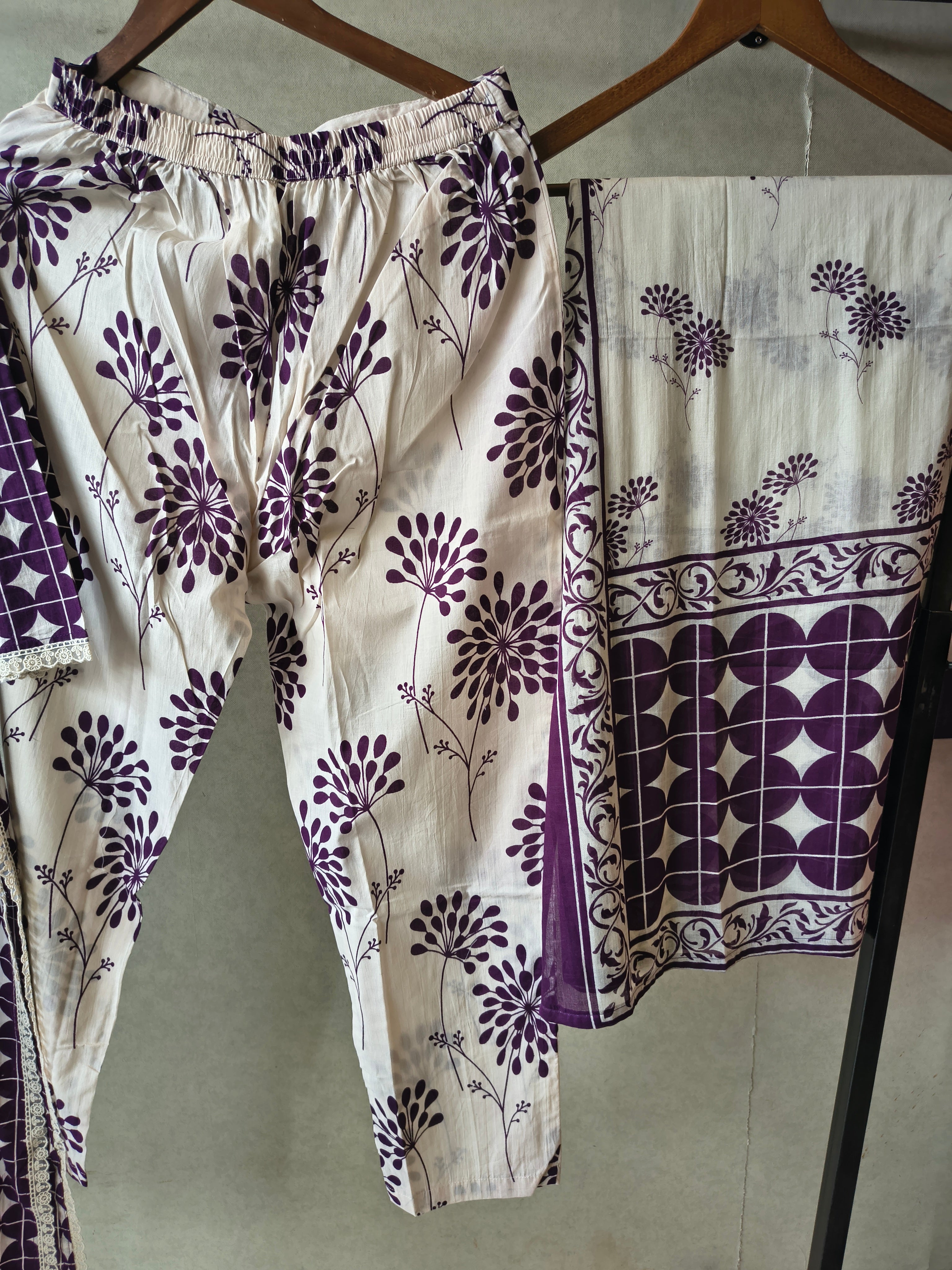 Image of Premium Plum Geometric Printed Cotton Kurta Set with Floral Printed Pants & Dupatta