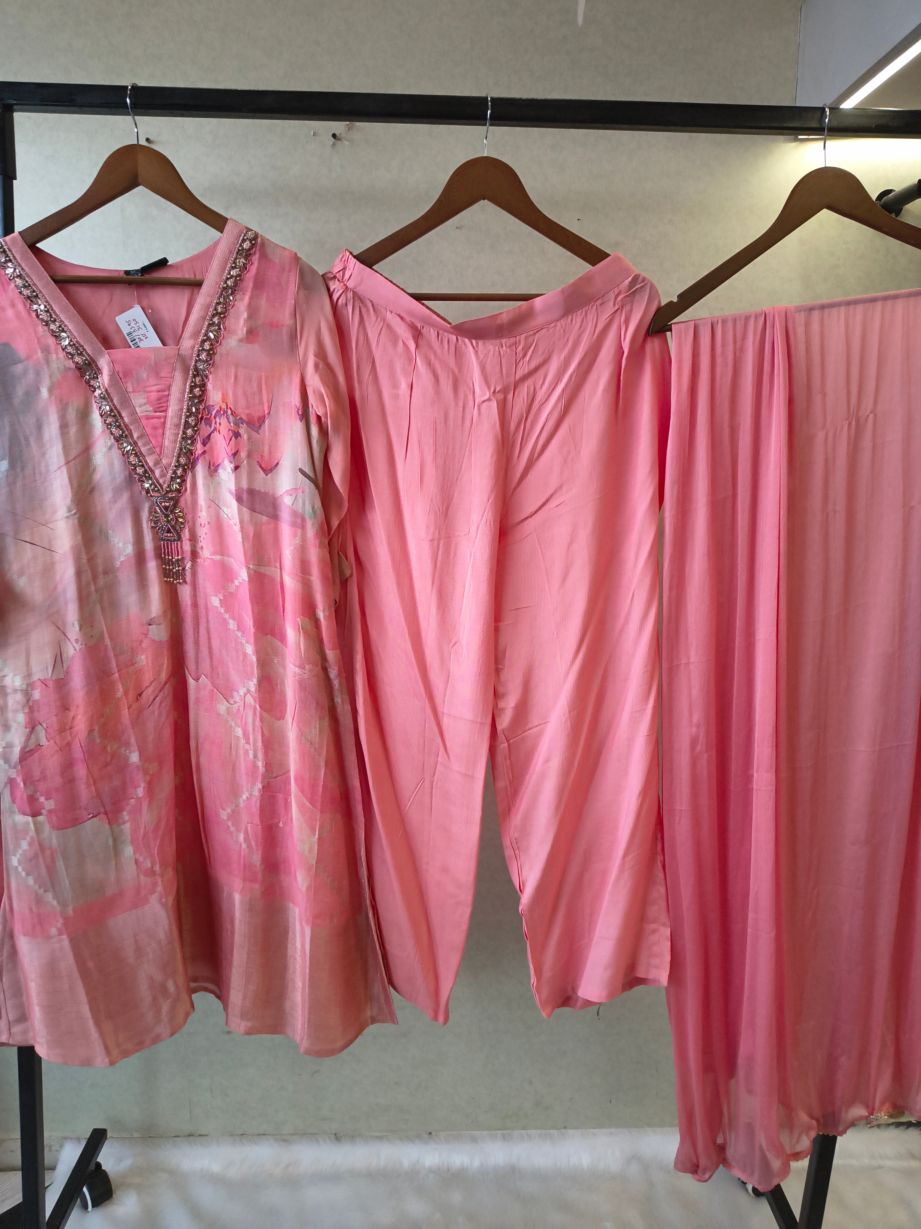 Image of Blush Pink Floral Printed Kurta Set with Embellished Neckline | Premium 3 Piece Ethnic Suit