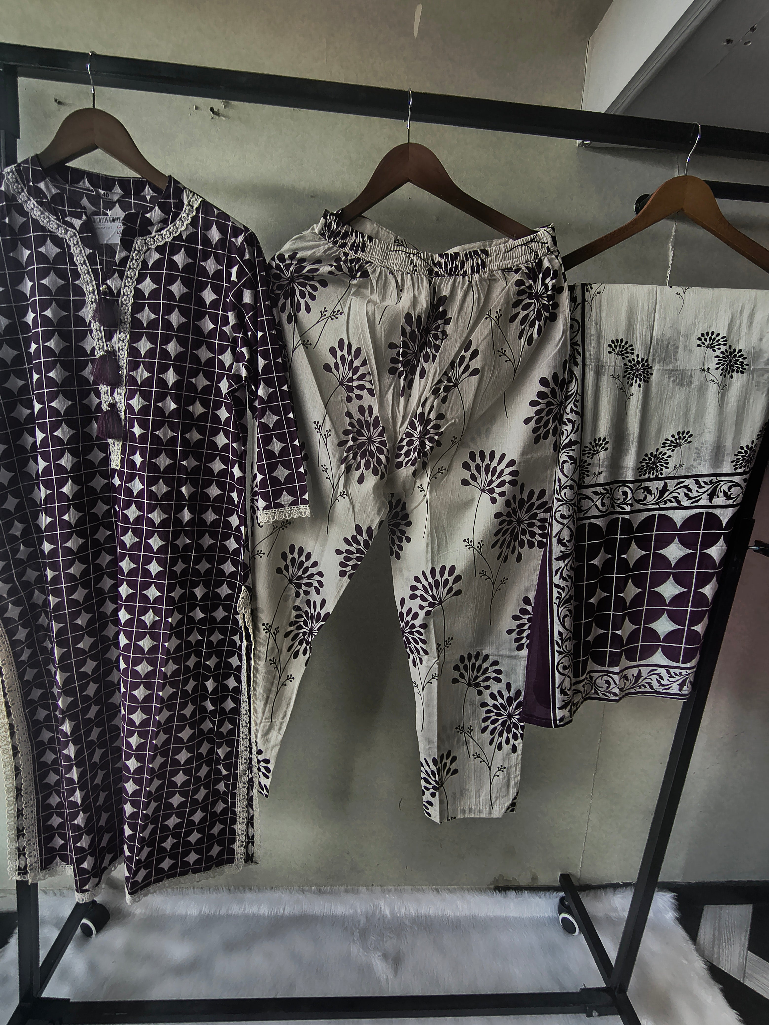 Image of Premium Plum Geometric Printed Cotton Kurta Set with Floral Printed Pants & Dupatta