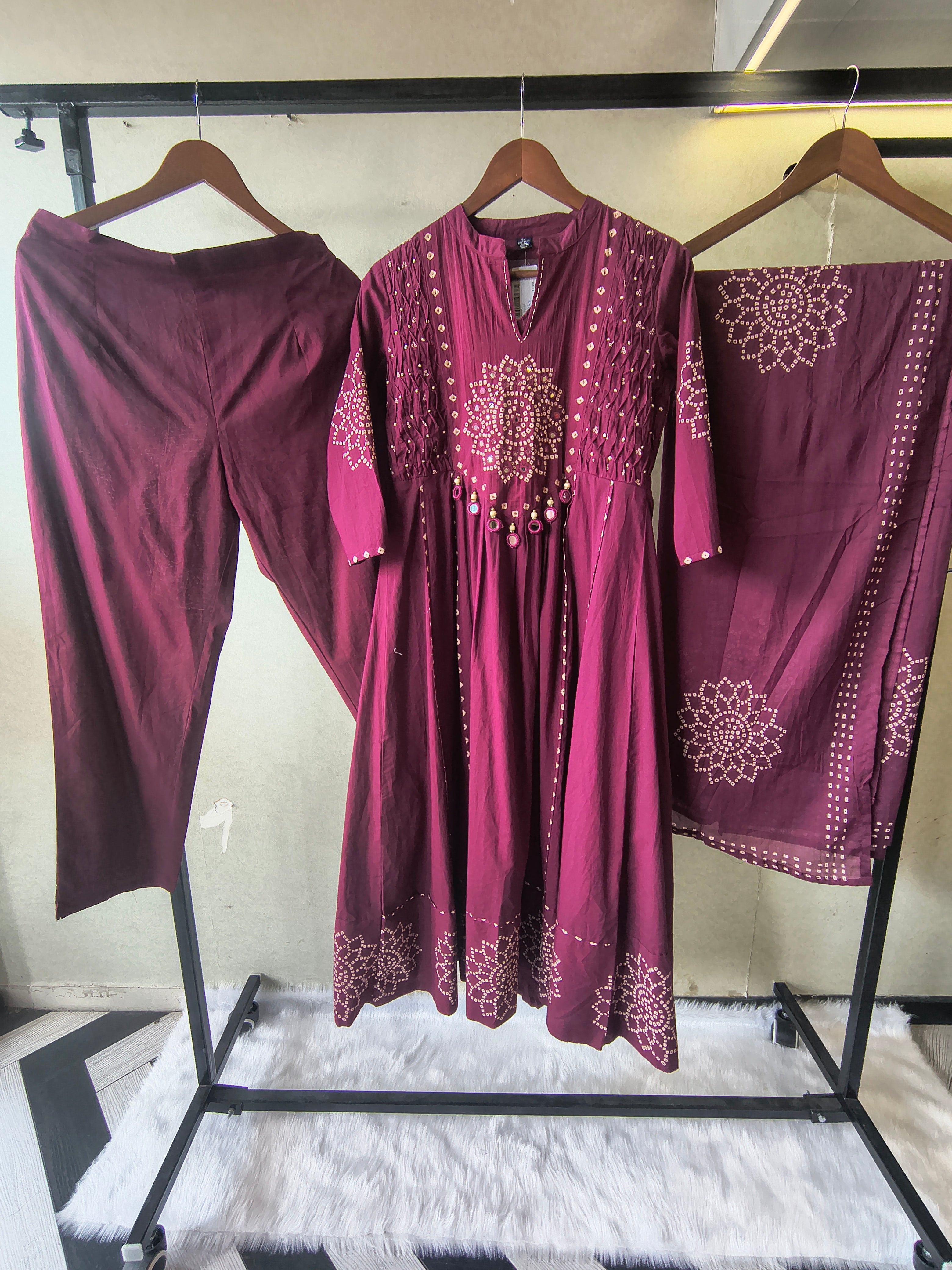 Image of Wine Cotton Anarkali Suit Set with Bandhani Print & Mirror Accent Dupatta