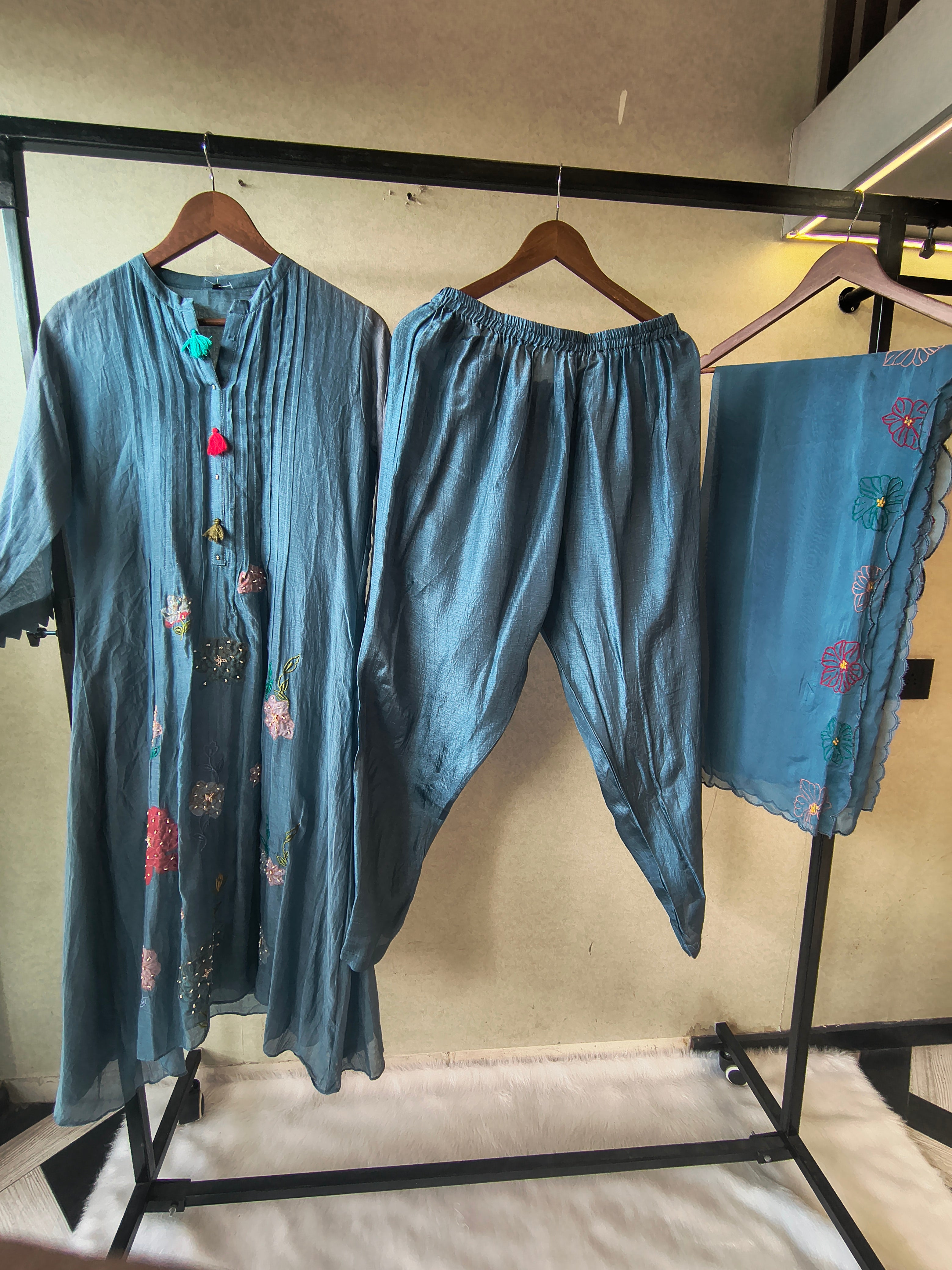 Image of Premium Steel Blue Embroidered Straight Kurta with Dhoti Pants & Embroidered Organza Dupatta Set