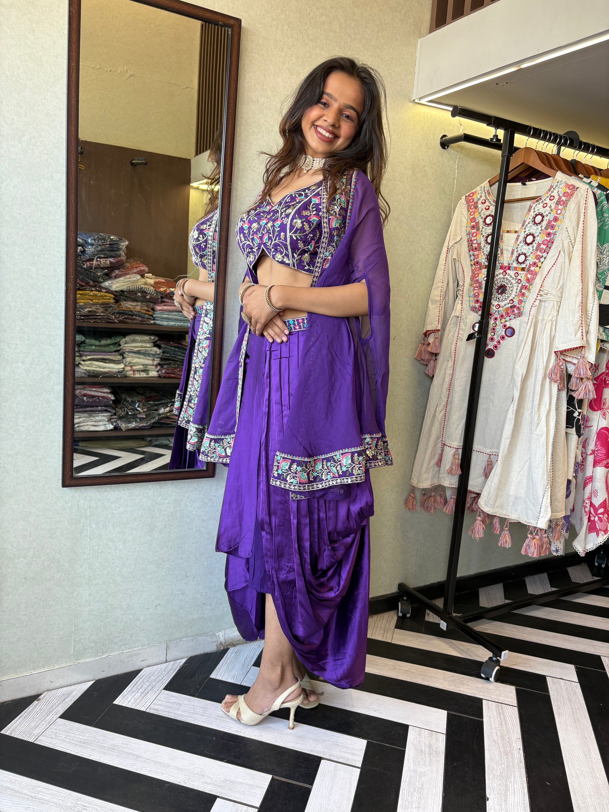 Elegance, Embroidery & the Perfect Drape - All in One Look!

Make your presence unforgettable in this pure crepe purple 3-piece Indo-Western. Full hand embroidery, flawless drape, and designer finishing - this is what statement style looks like