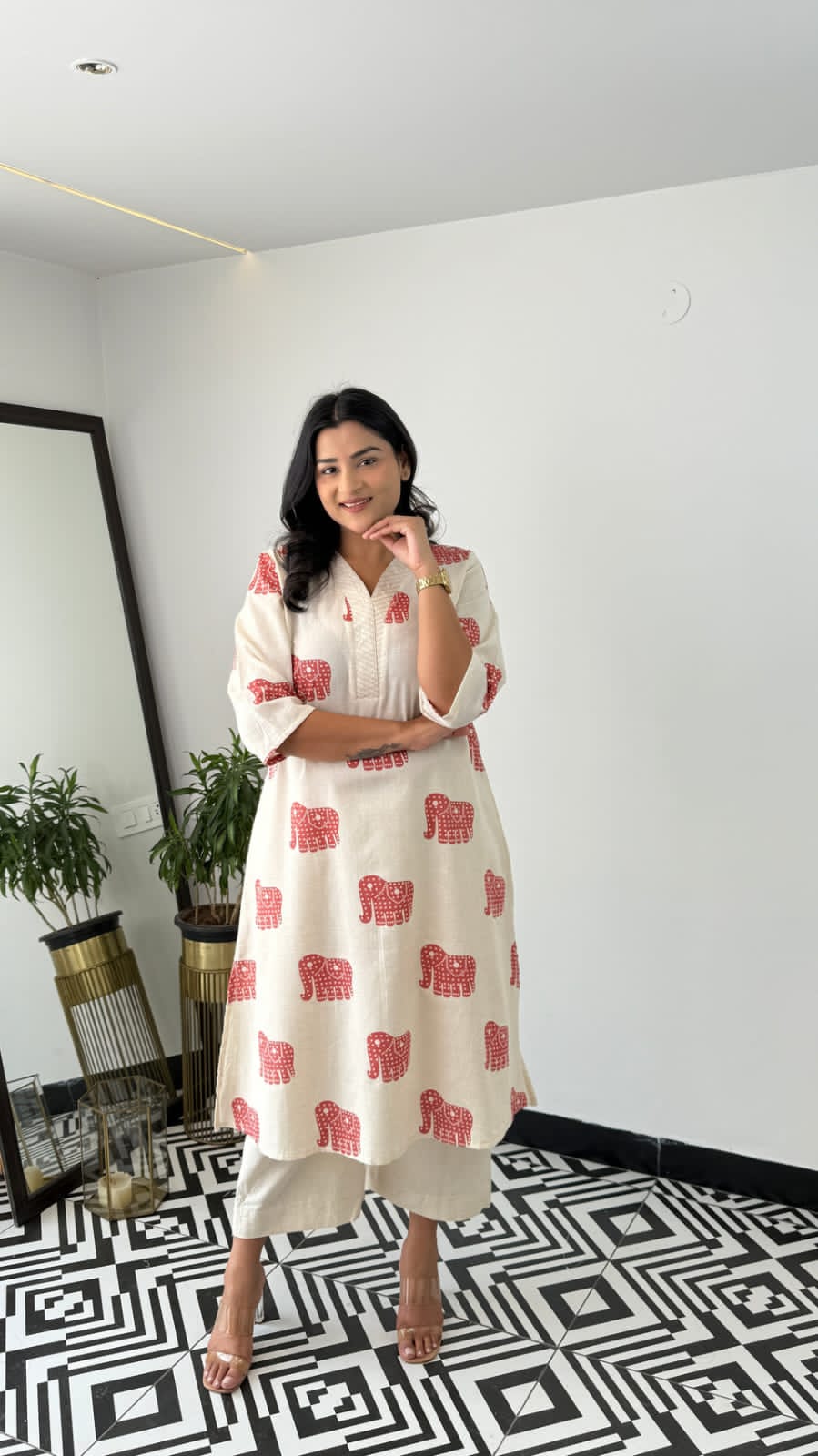 Image of Explore Breathable & Embroidered and beautiful elephant print all over kurti Co-ord Sets your go-to for any occasion