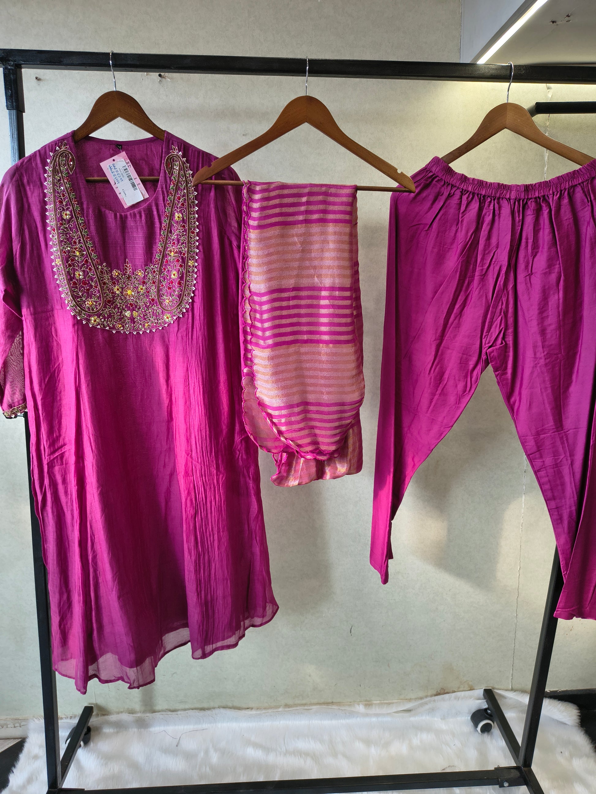 Magenta Embroidered Straight Kurta Set with Heavy Handcrafted Yoke, Striped Organza Dupatta & Premium 3 Piece Ethnic Ensemble