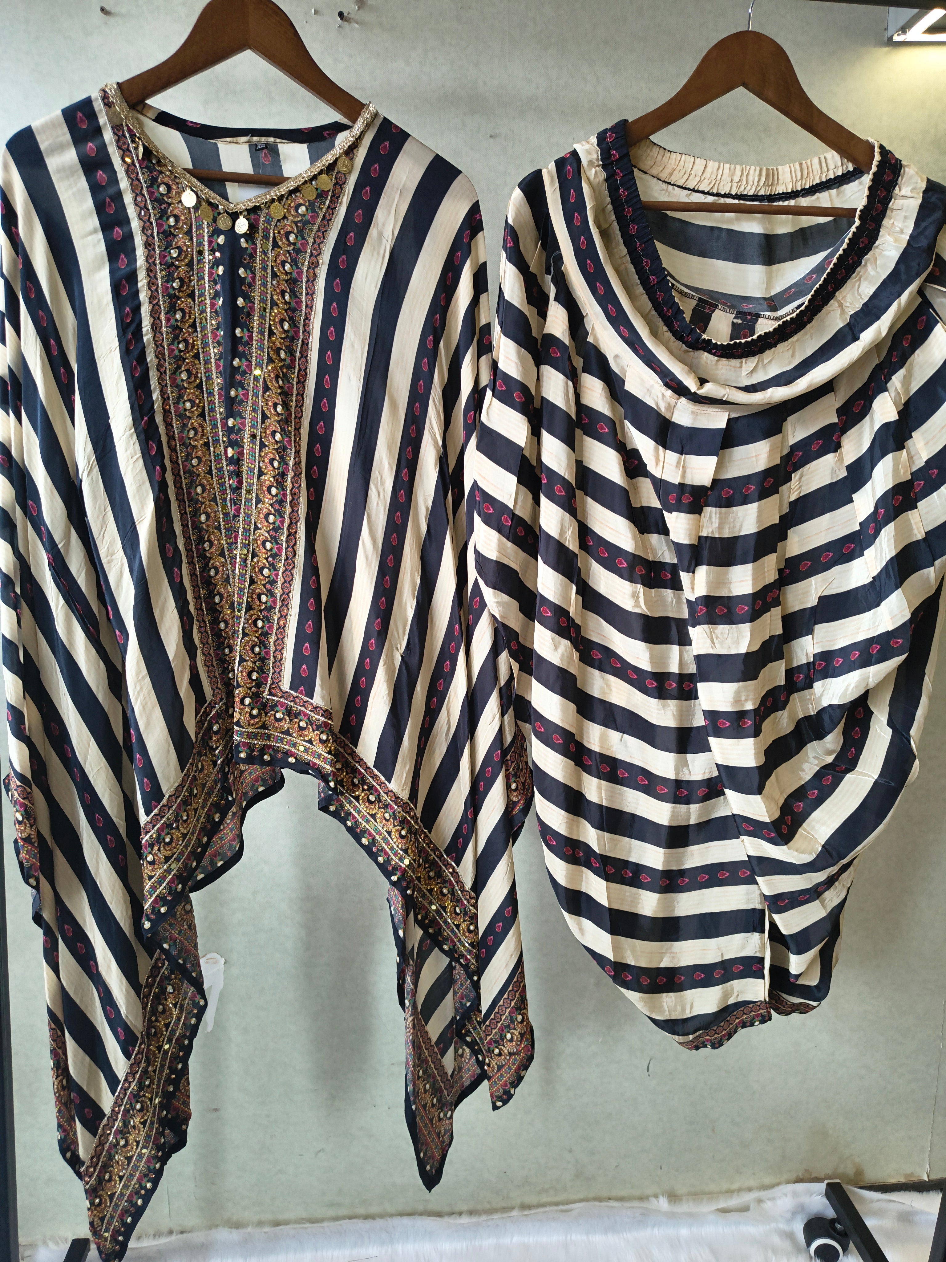 Image of Ivory & Navy Striped Designer Kaftan Co-Ord Set with Embroidered Neckline & Draped Silhouette