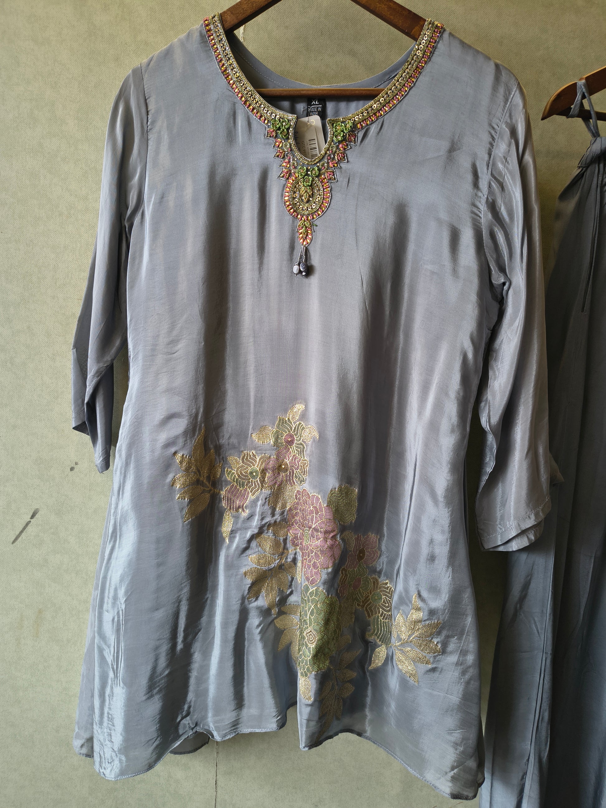 Grey Embroidered Premium Silk Co-Ord Set