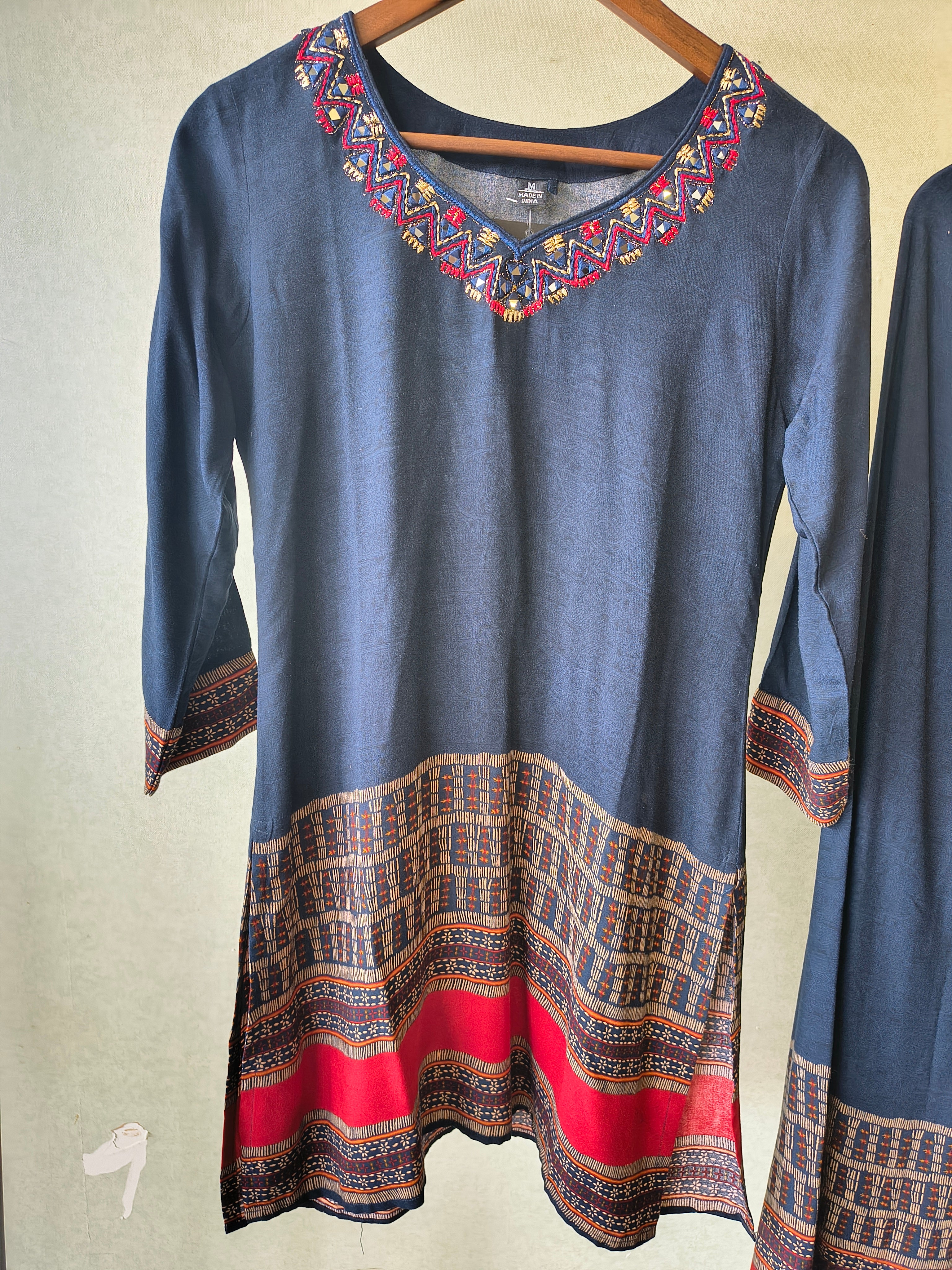 Image of Navy Blue Ethnic Border Designer Co-Ord Set with Embroidered Neckline