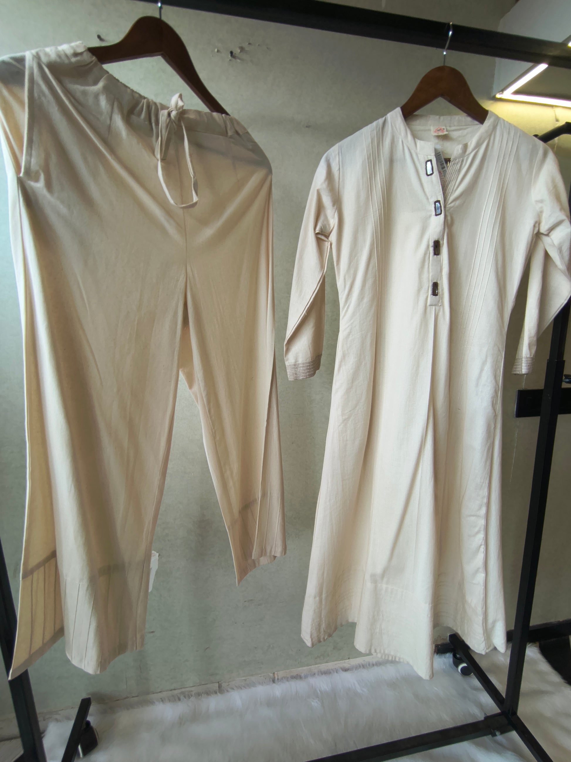 Premium Off-White Cotton A-Line Kurta & Pant Co-Ord Set with Pintuck Detailing