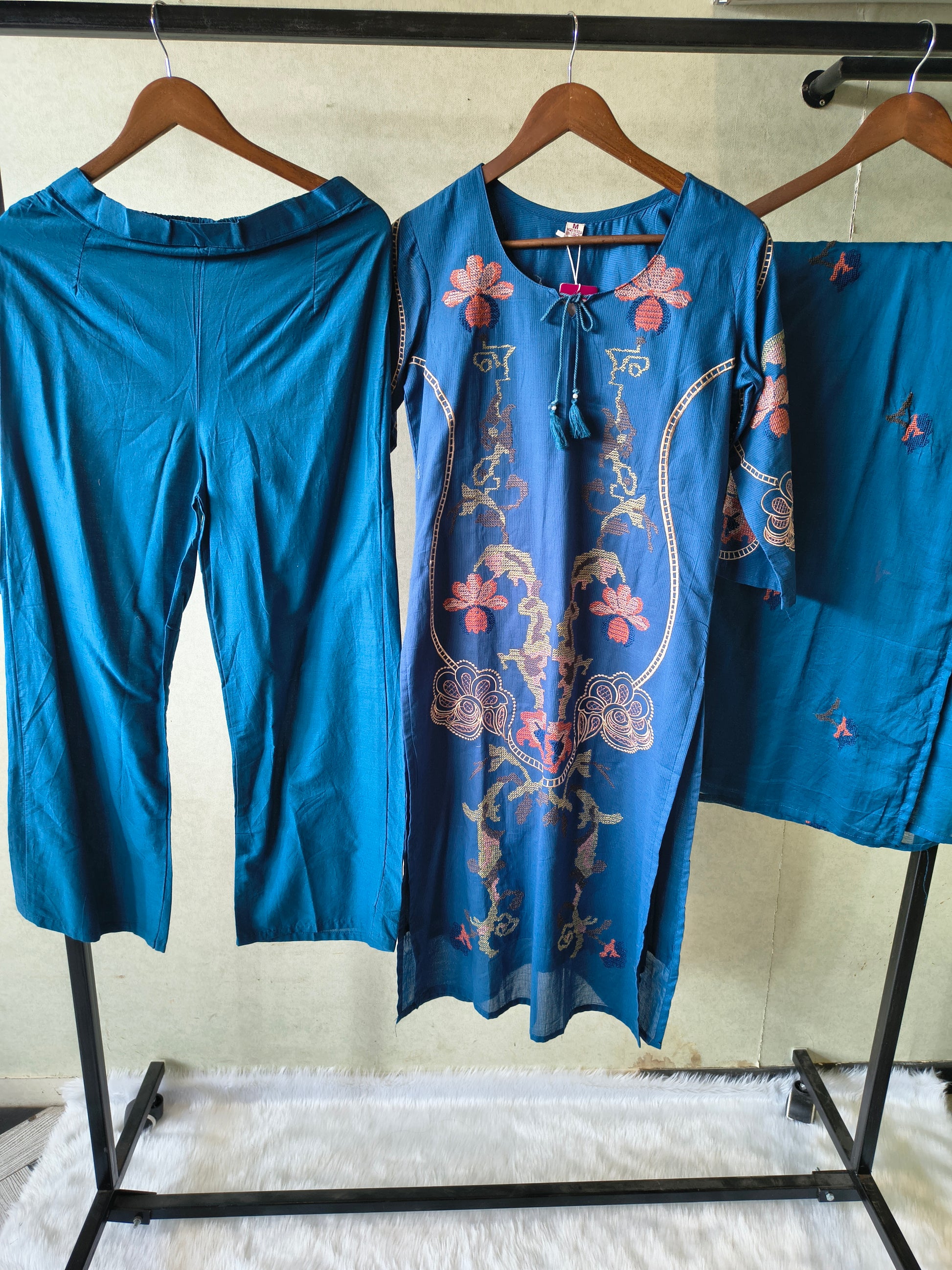 Teal Blue Cotton 3-Piece Suit Set with Floral Vine Embroidery & Embroidered Dupatta