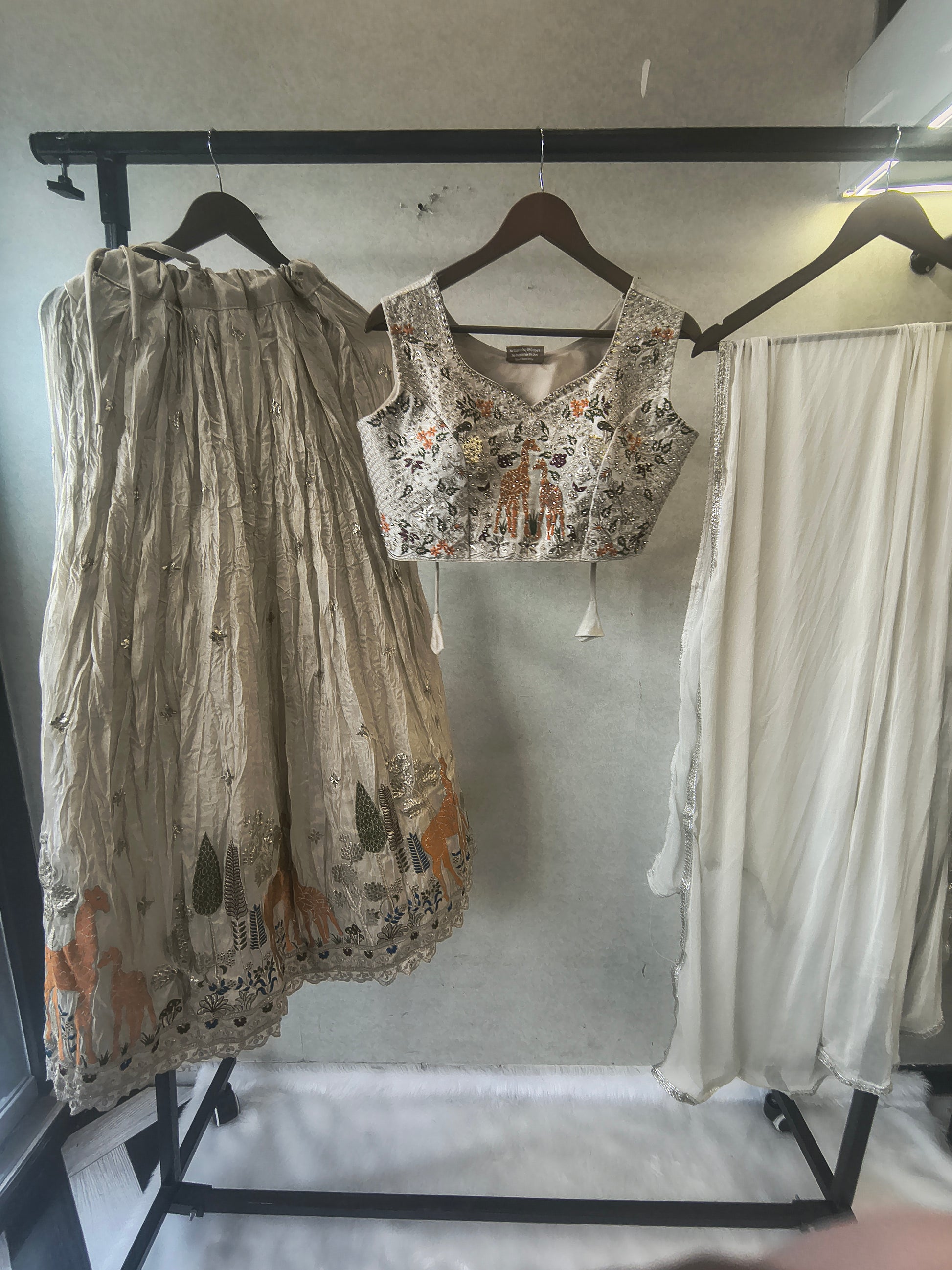 Ivory Grey Hand-Embroidered Designer Lehenga Set with Statement Blouse & Soft Organza Dupatta | Premium Wedding Collection