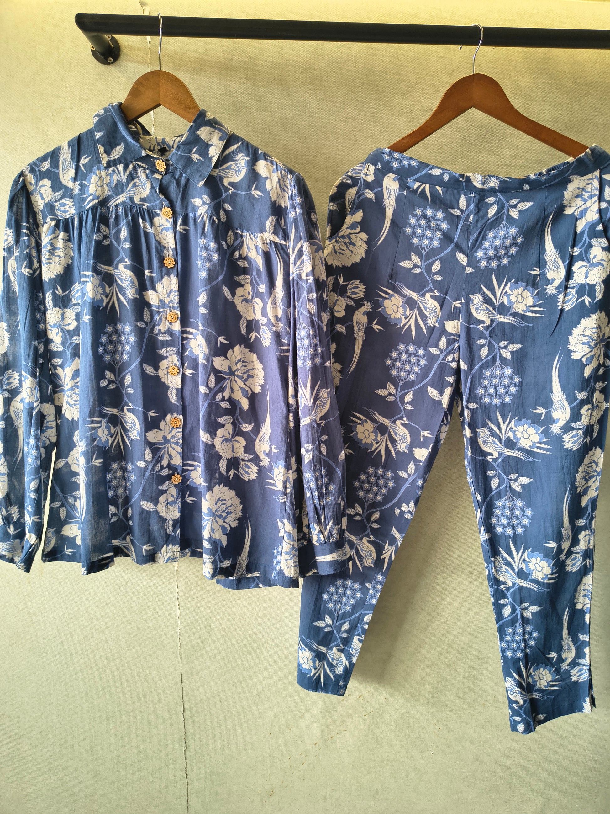 Premium Blue Floral Bird Print Shirt Co-Ord Set