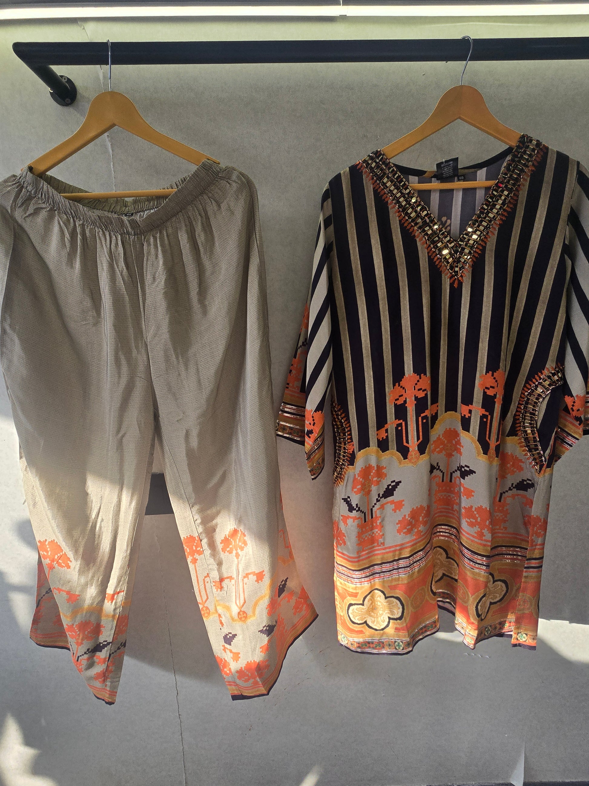 Navy Stripe Mirror Work Kaftan Co-Ord Set