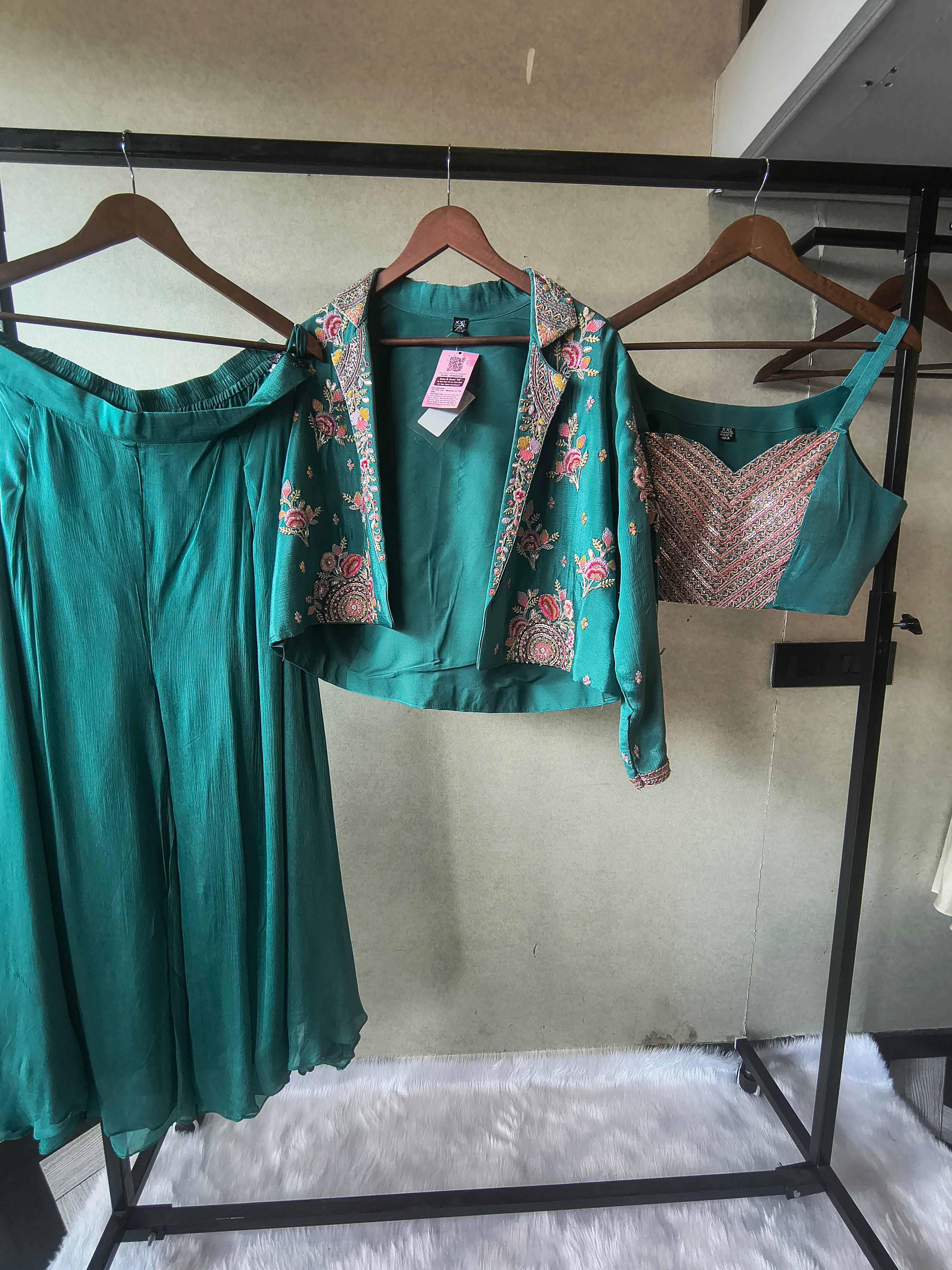 Image of Premium Emerald Green 3-Piece Designer Palazzo Set with Heavy Embroidered Jacket & Sequins Blouse