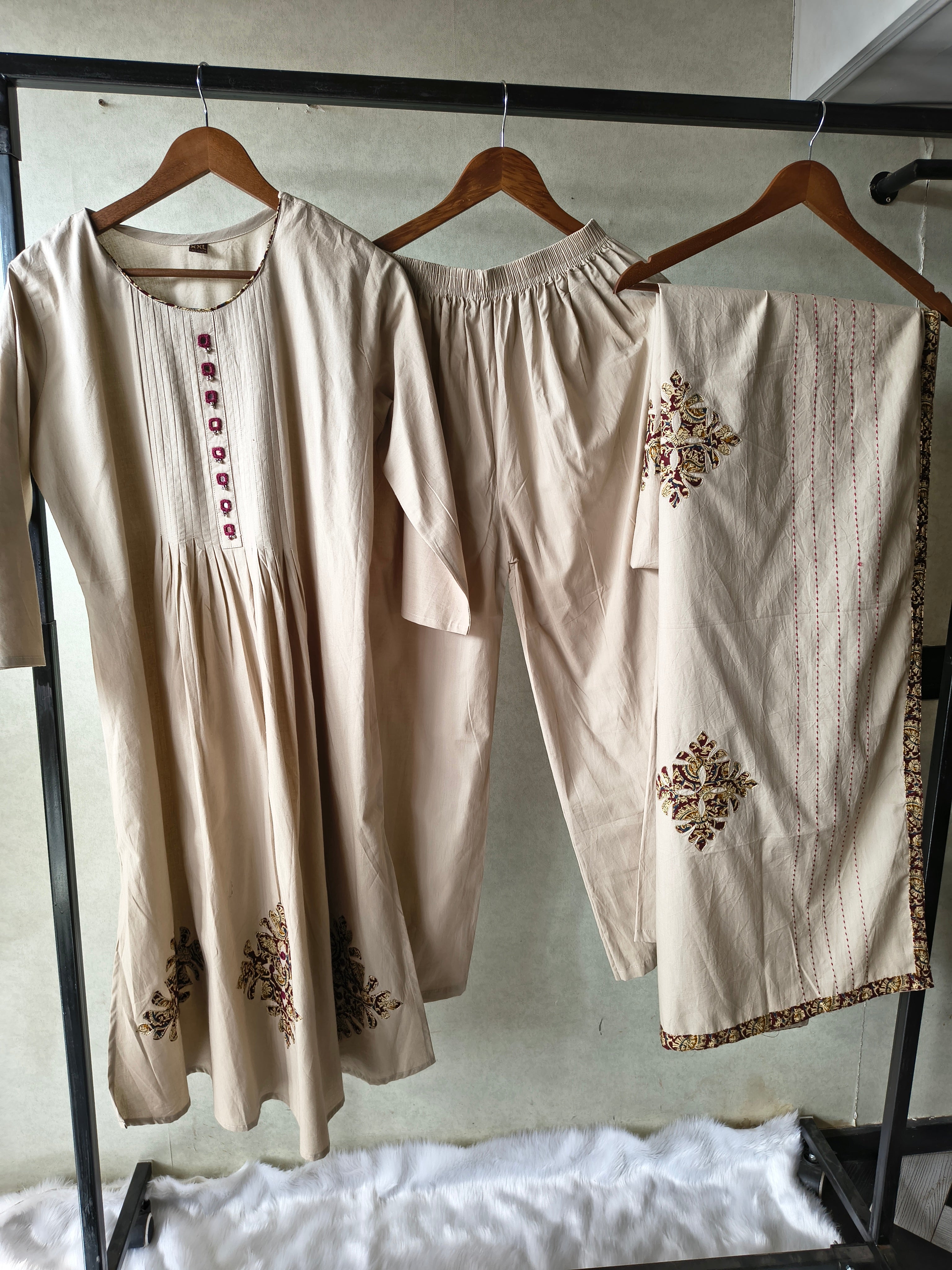 Image of Beige Embroidered Three-Piece Kurta Set with Pintuck Detailing & Designer Dupatta