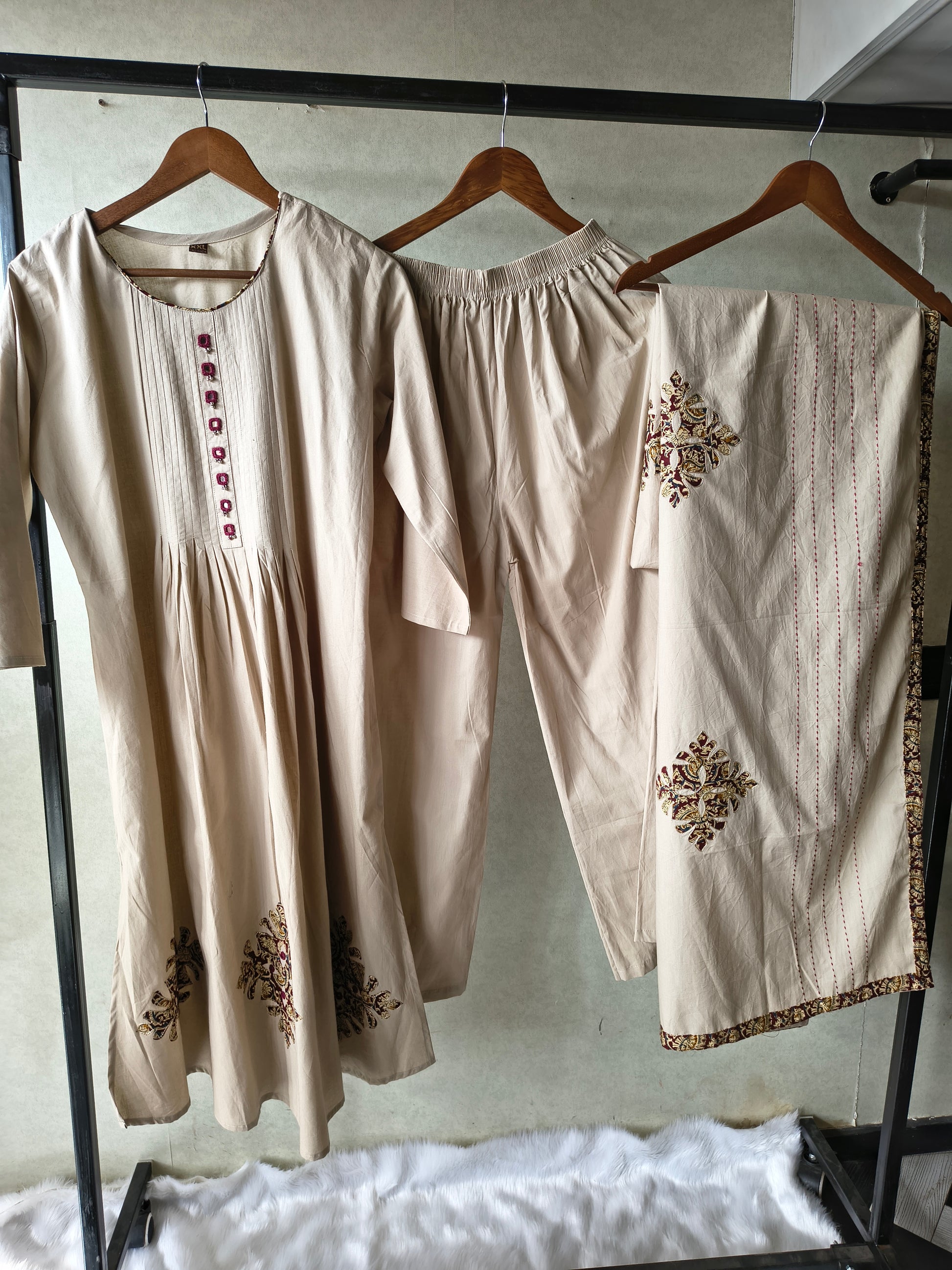 Beige Embroidered Three-Piece Kurta Set with Pintuck Detailing & Designer Dupatta