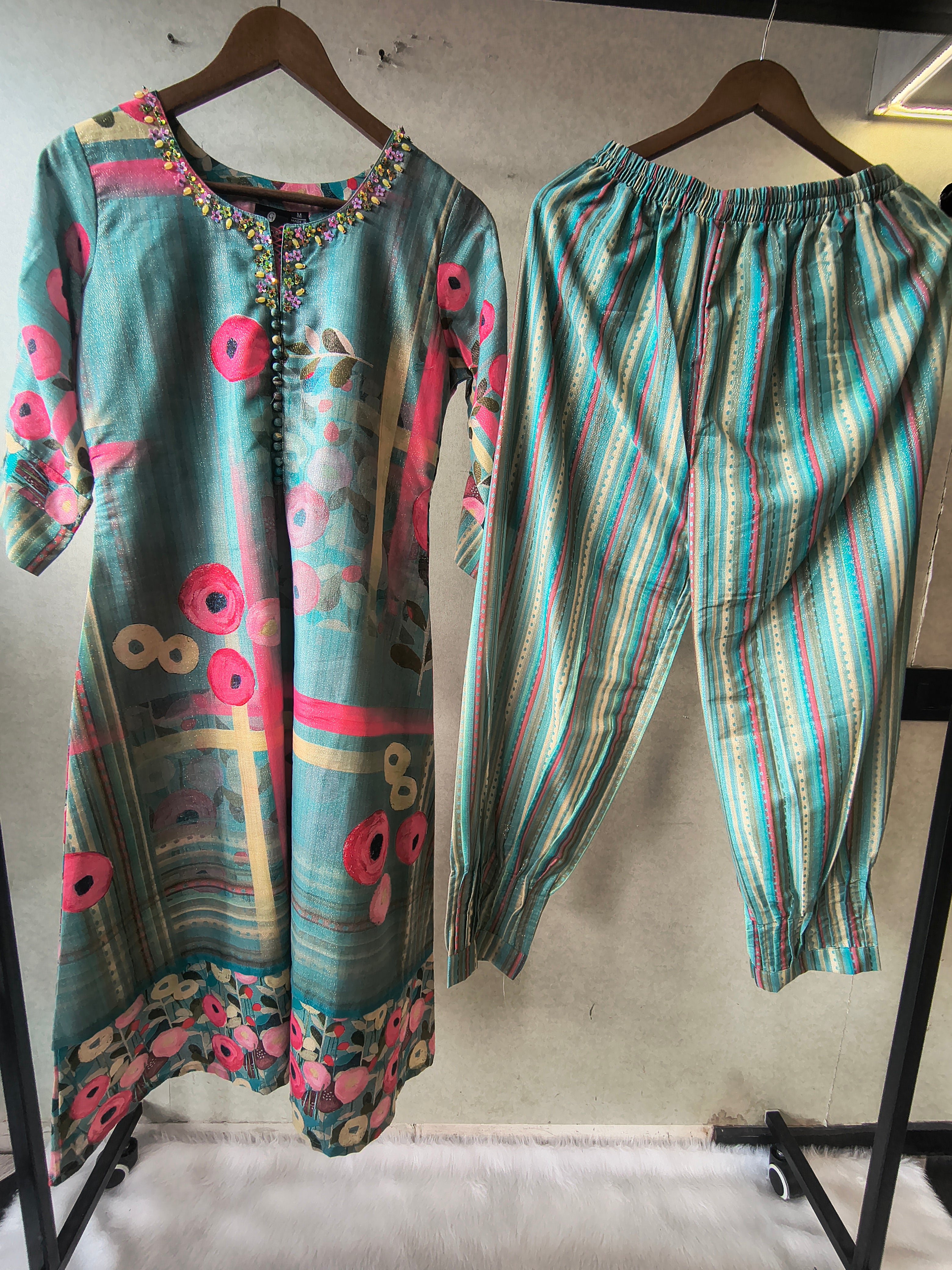 Image of Premium Aqua Blue Artistic Printed Kurta with Striped Pants Co-Ord Set