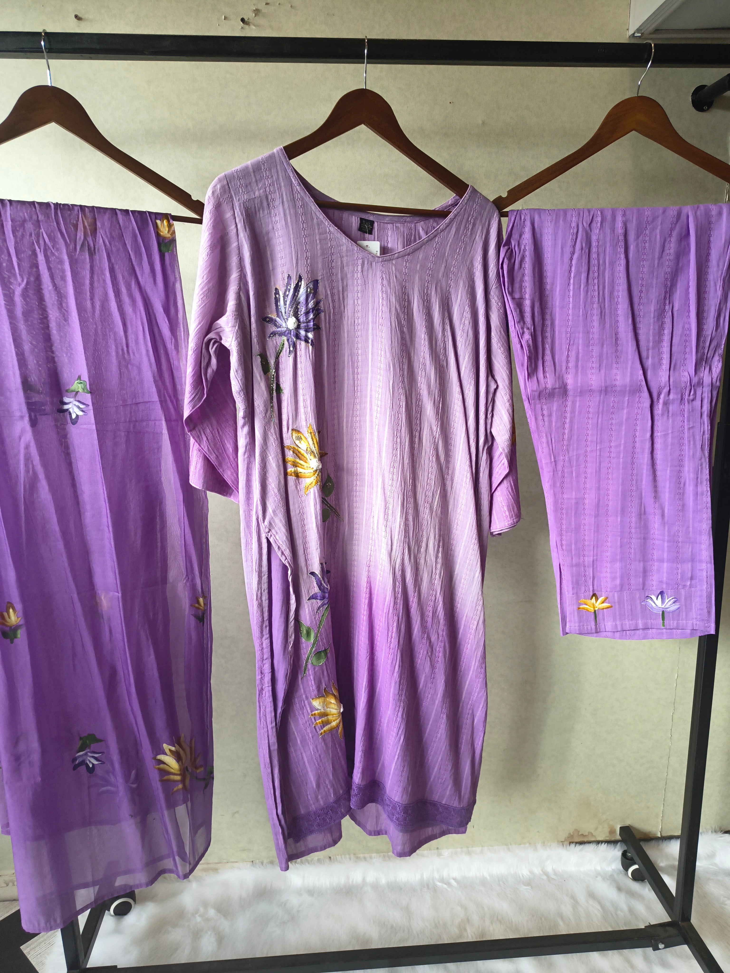 Image of Premium Lavender Embroidered Straight Kurta Set with Floral Dupatta & Straight Pants