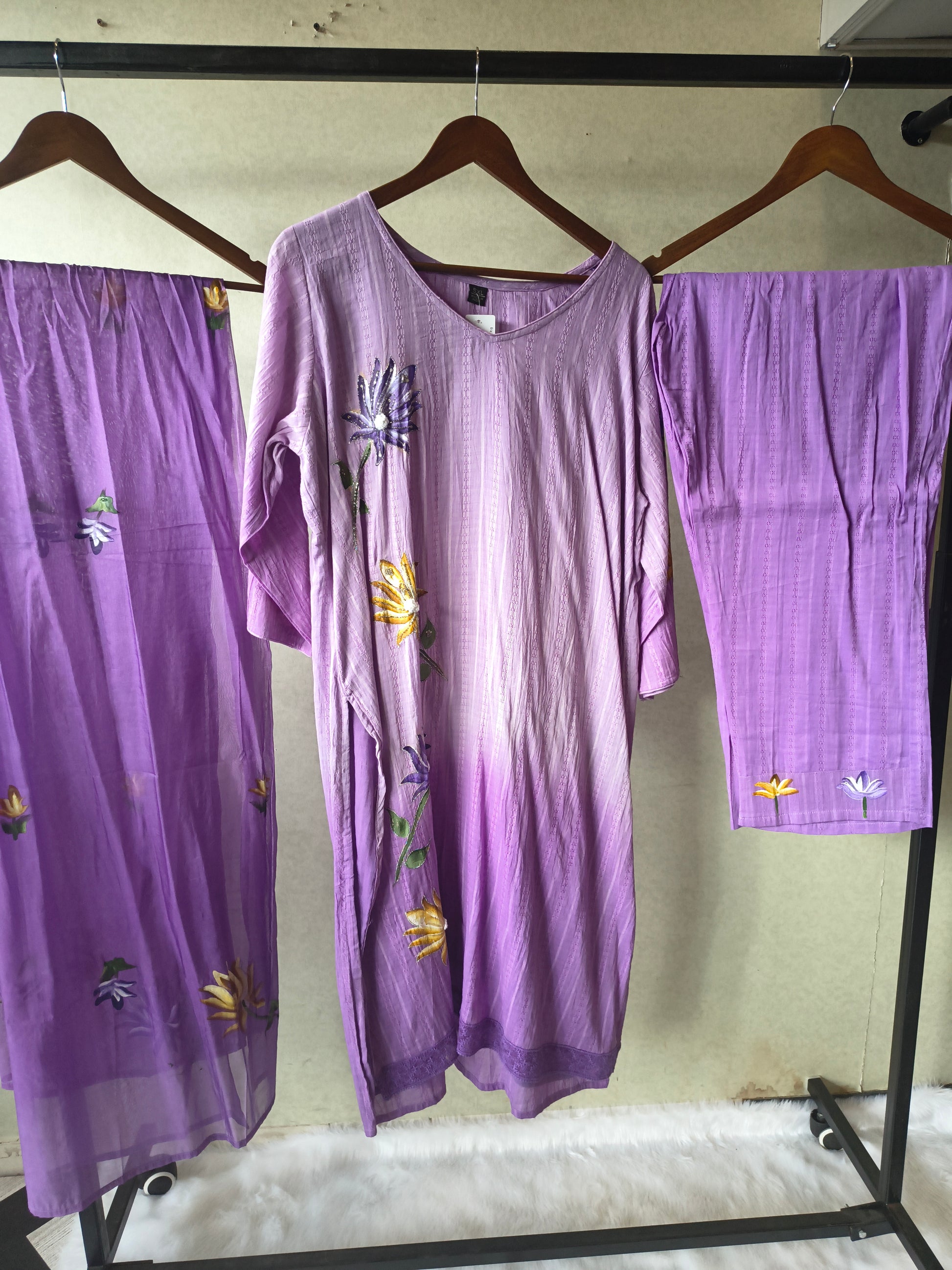 Premium Lavender Embroidered Straight Kurta Set with Floral Dupatta & Straight Pants