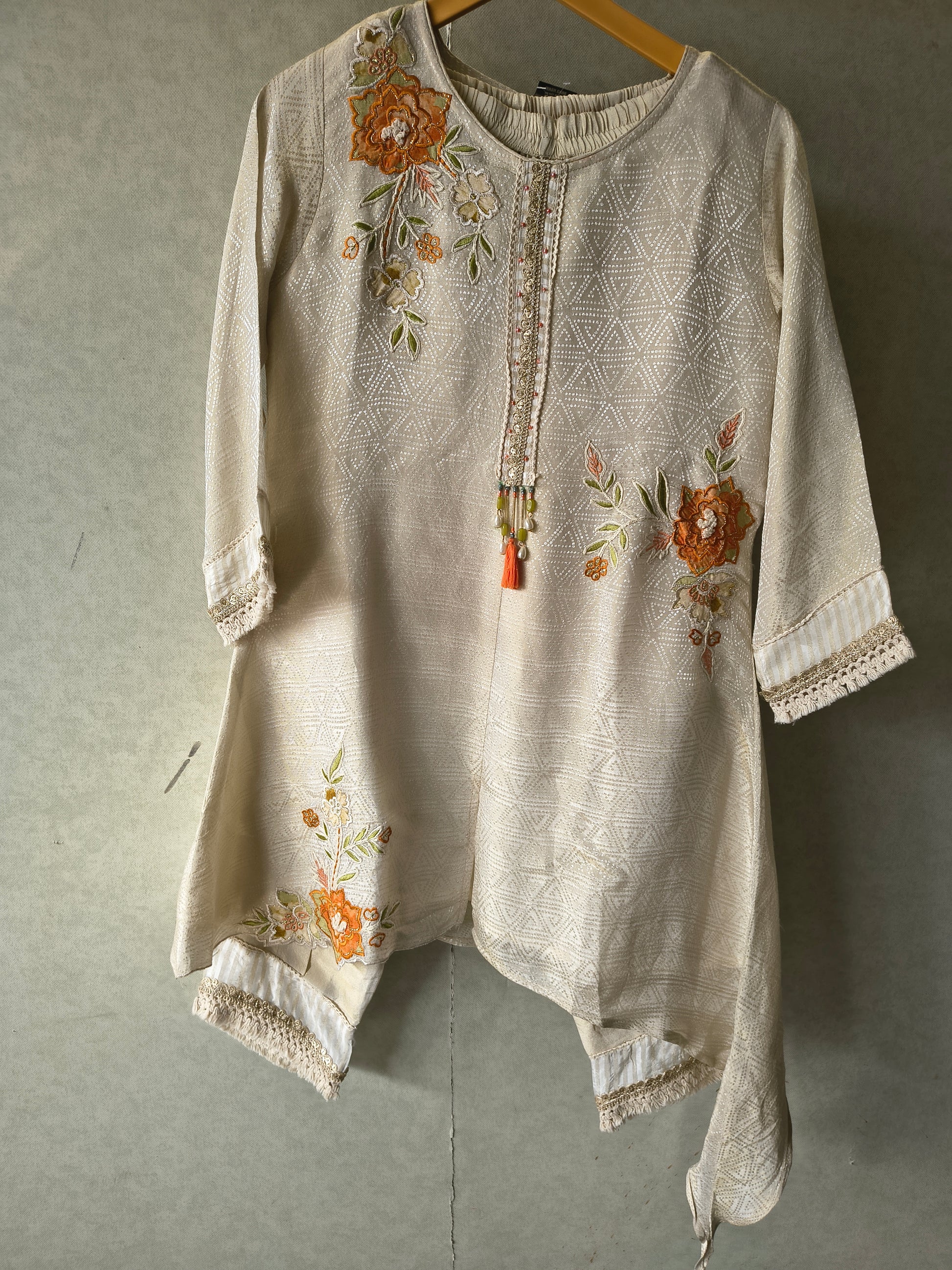 Ivory Floral Embroidered Premium Asymmetrical Kurta Pant Co-Ord Set