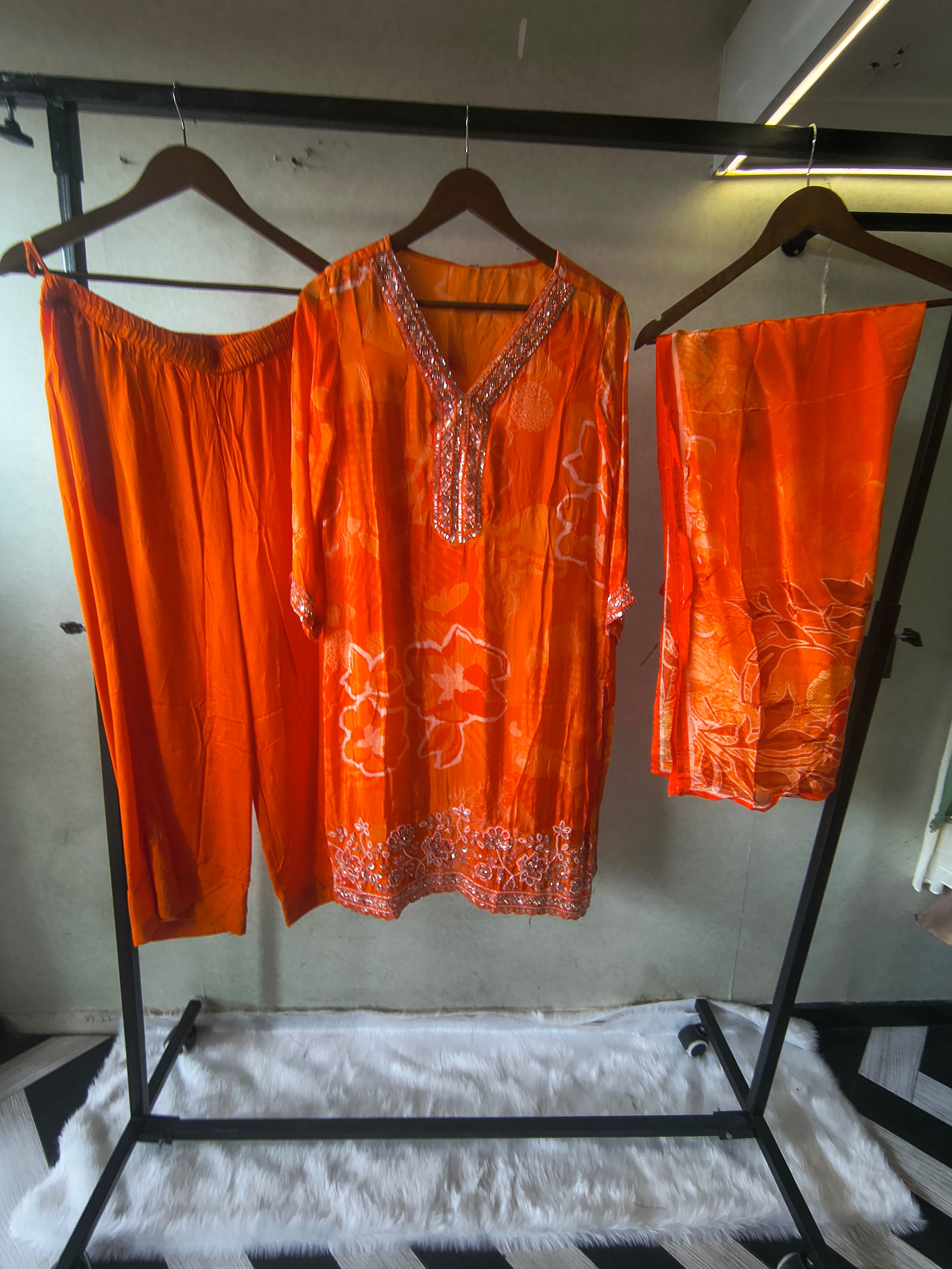 Image of Burnt Orange Printed Silk Blend Kurta Set with Embellished Neckline & Floral Border – Premium 3 Piece Ethnic Ensemble