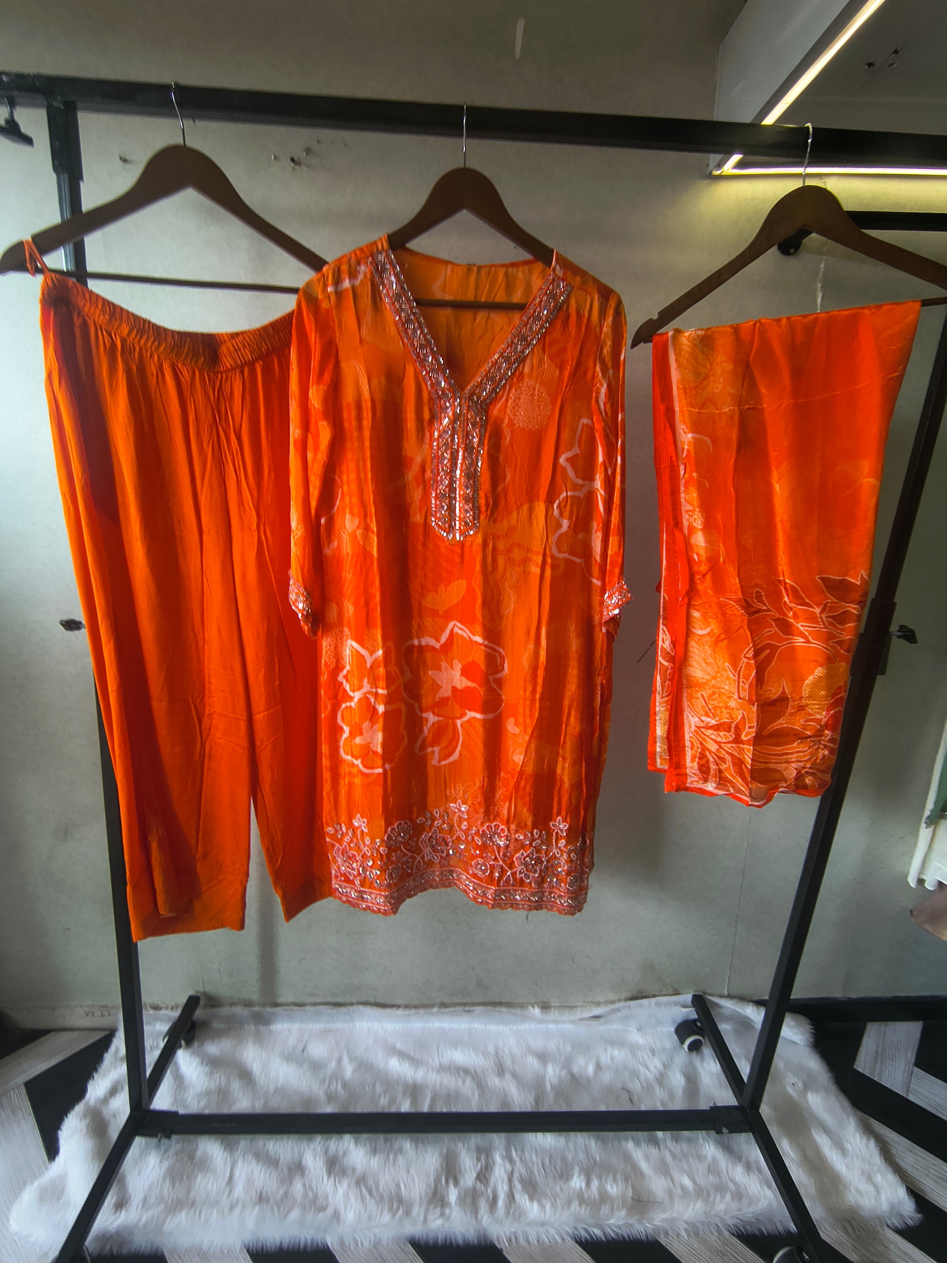 Burnt Orange Printed Silk Blend Kurta Set with Embellished Neckline & Floral Border – Premium 3 Piece Ethnic Ensemble