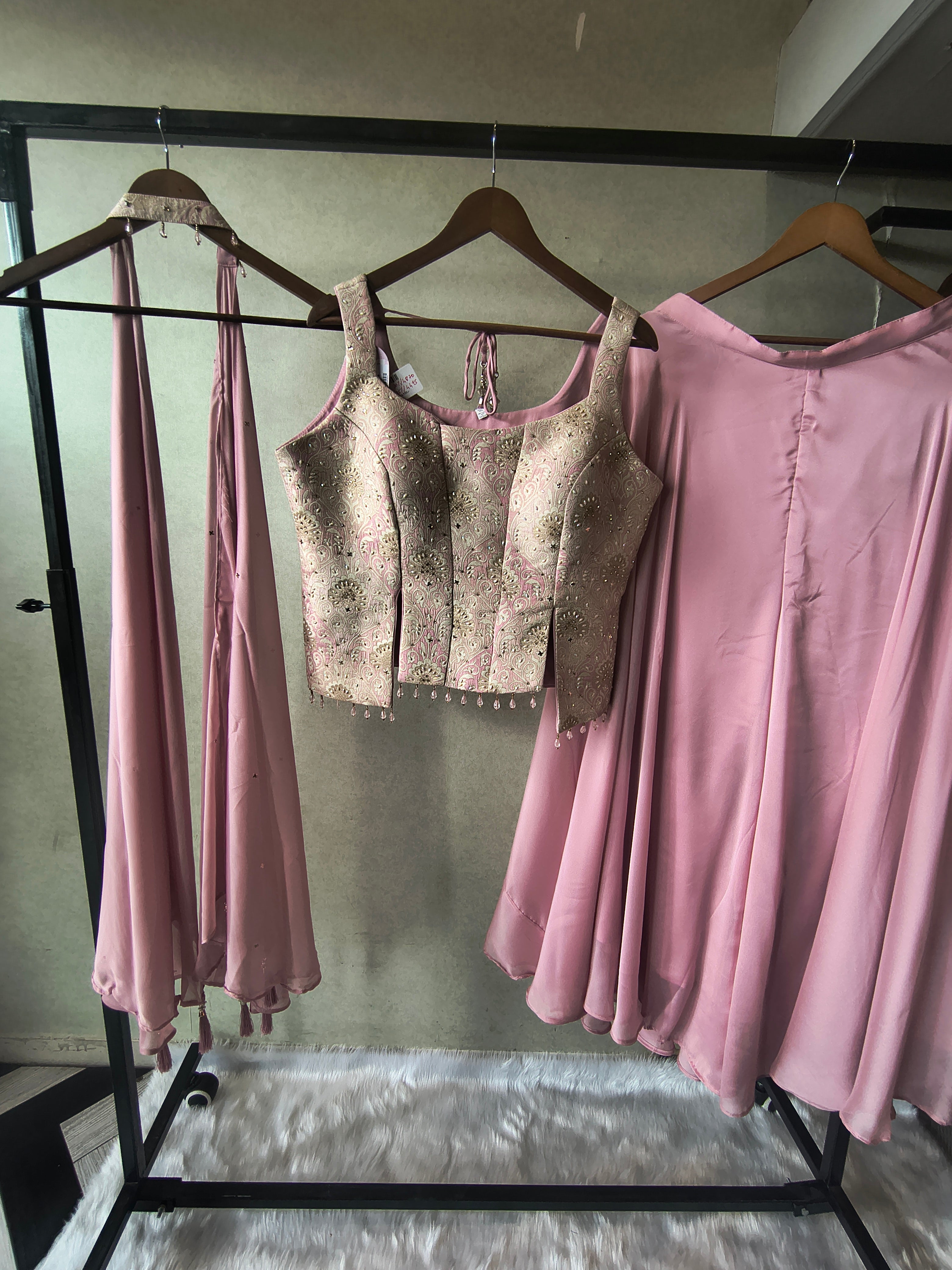 Image of Premium Blush Pink 3-Piece Designer Lehenga Set with Brocade Embroidered Blouse & Tassel Dupatta