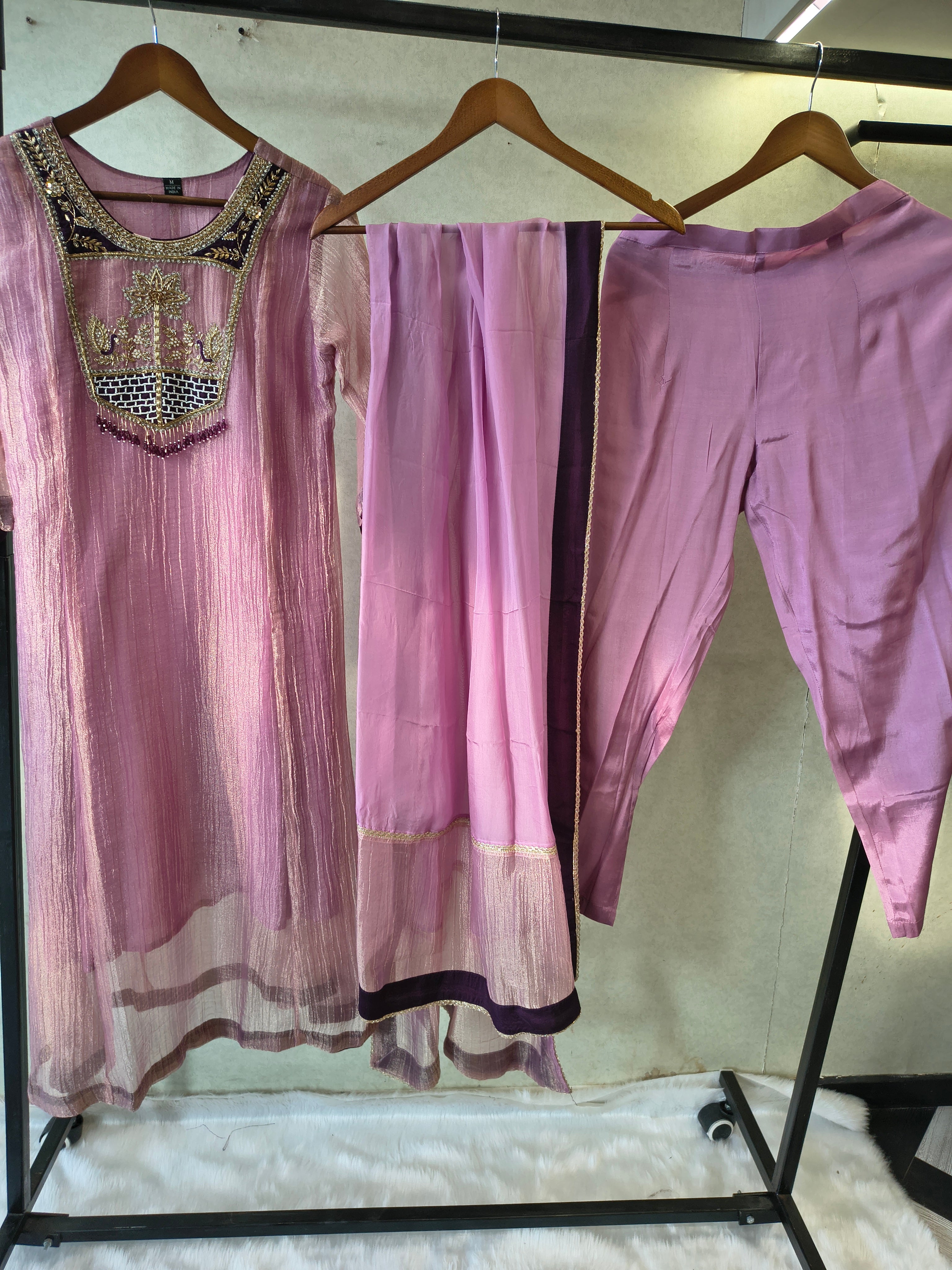 Image of Lavender Embroidered Anarkali Kurta Set with Handcrafted Statement Yoke & Organza Dupatta | Premium 3 Piece Ethnic Ensemble