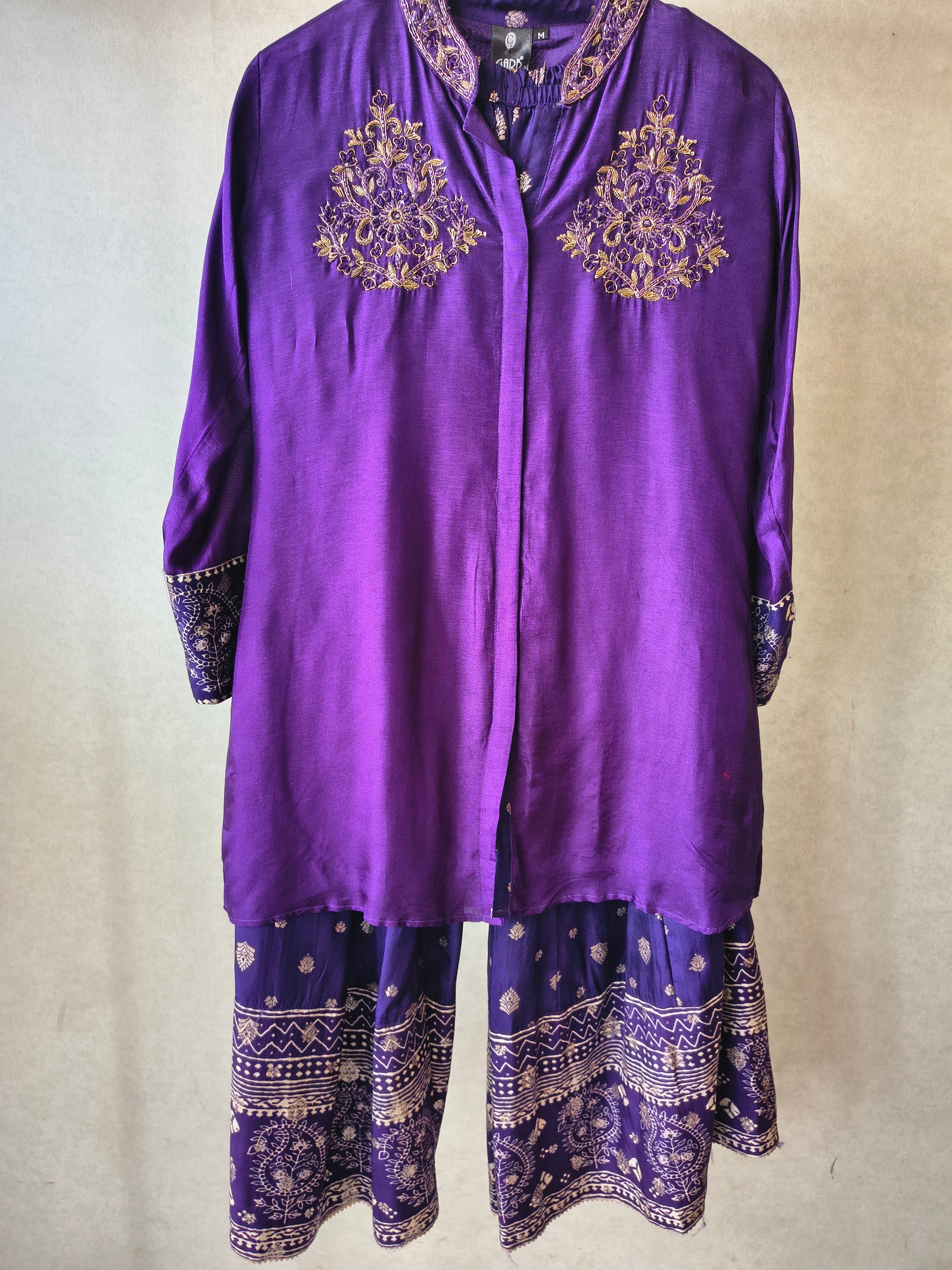 Image of Royal Purple Designer Embroidered Co-Ord Set with Printed Palazzo