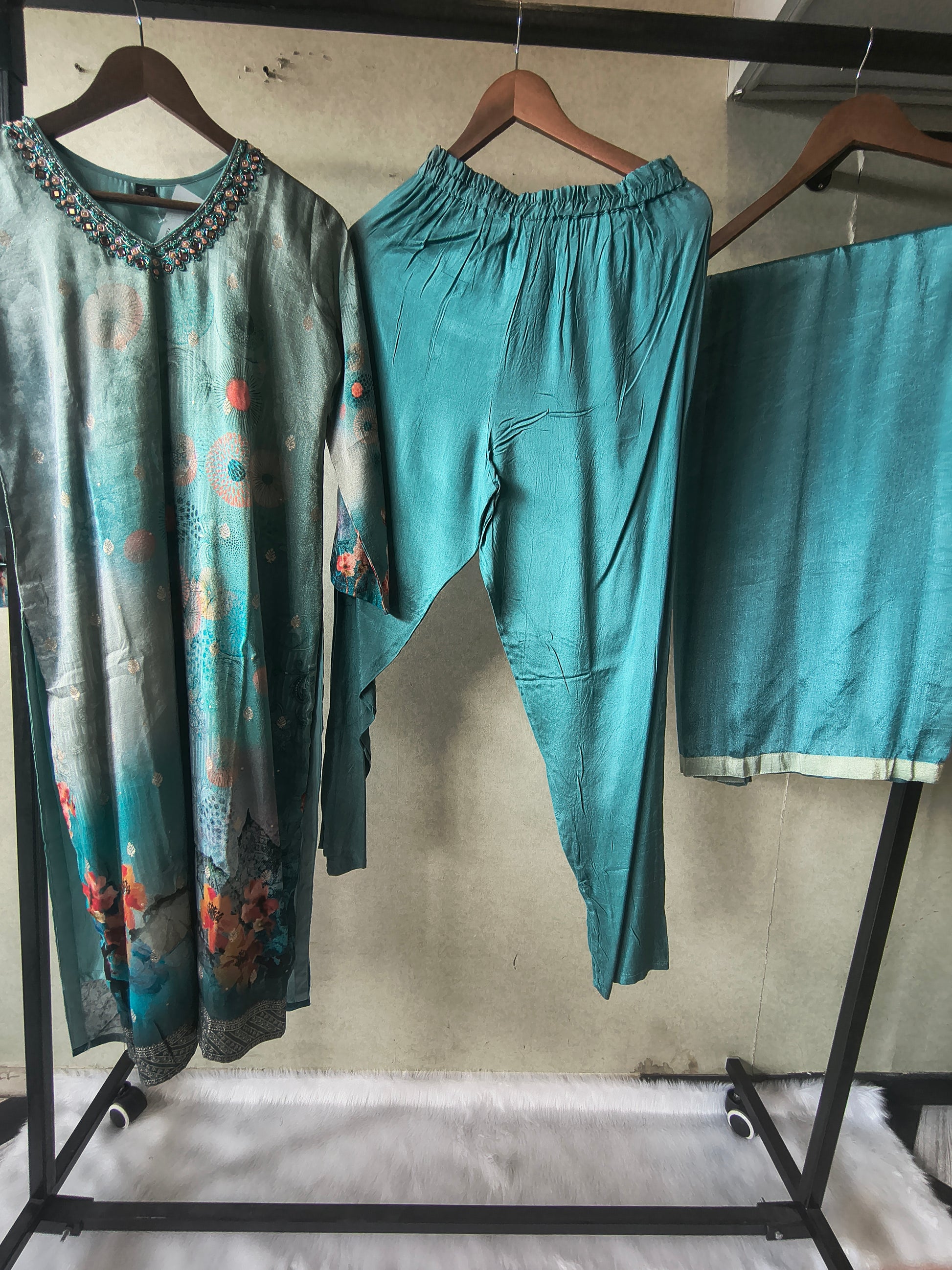 Premium Teal Digital Floral Printed Silk Blend Kurta Set with Solid Pants & Chiffon Dupatta