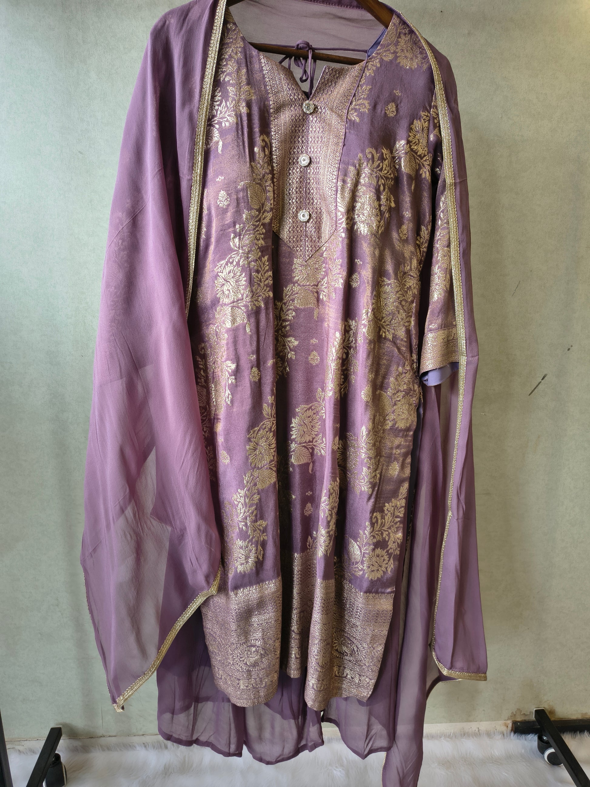 Premium Lavender Jacquard Straight Kurta with Georgette Sharara & Dupatta Set