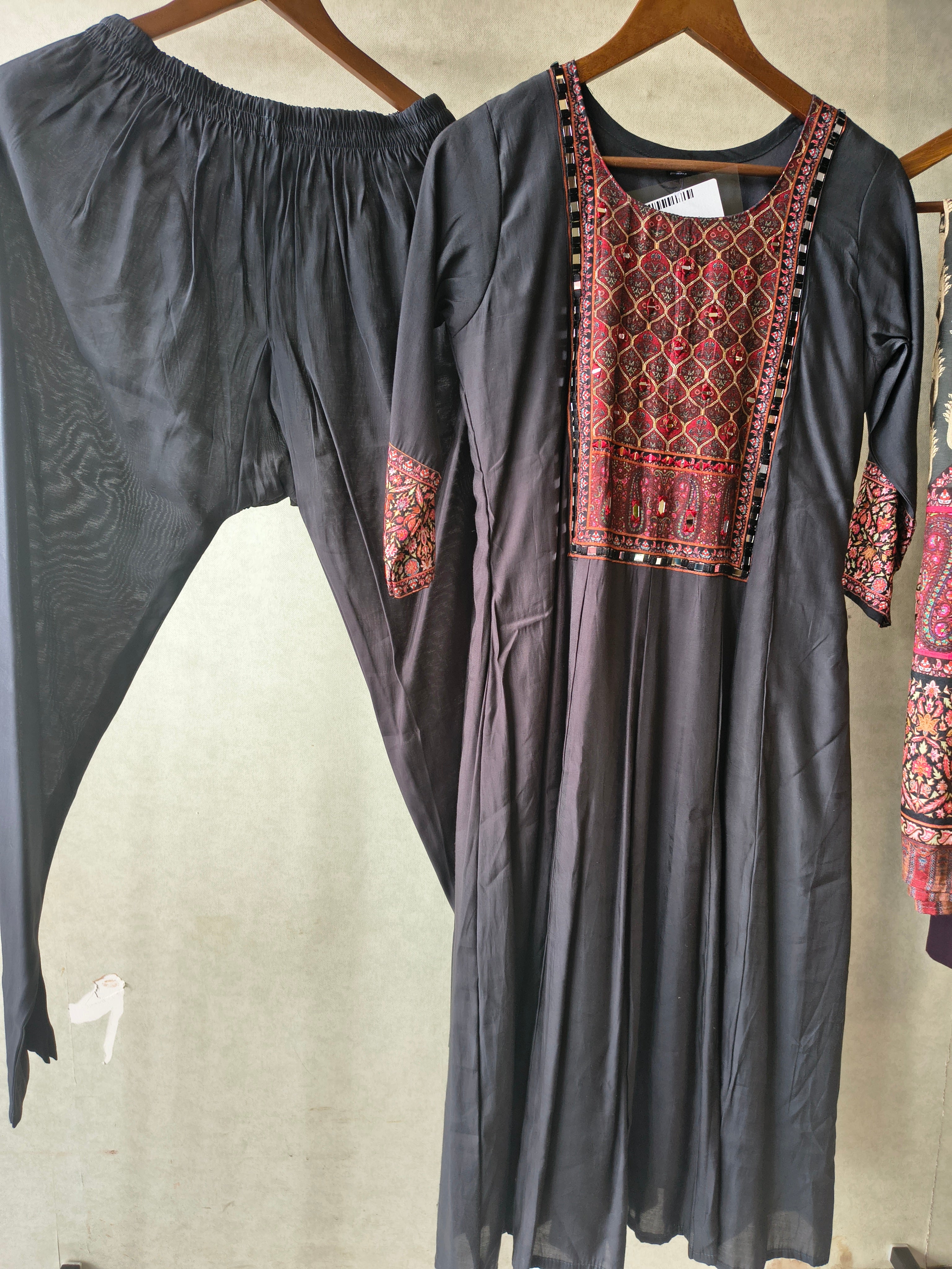 Image of Premium Black Printed Anarkali Kurta Set with Ethnic Yoke, Solid Pants & Designer Dupatta