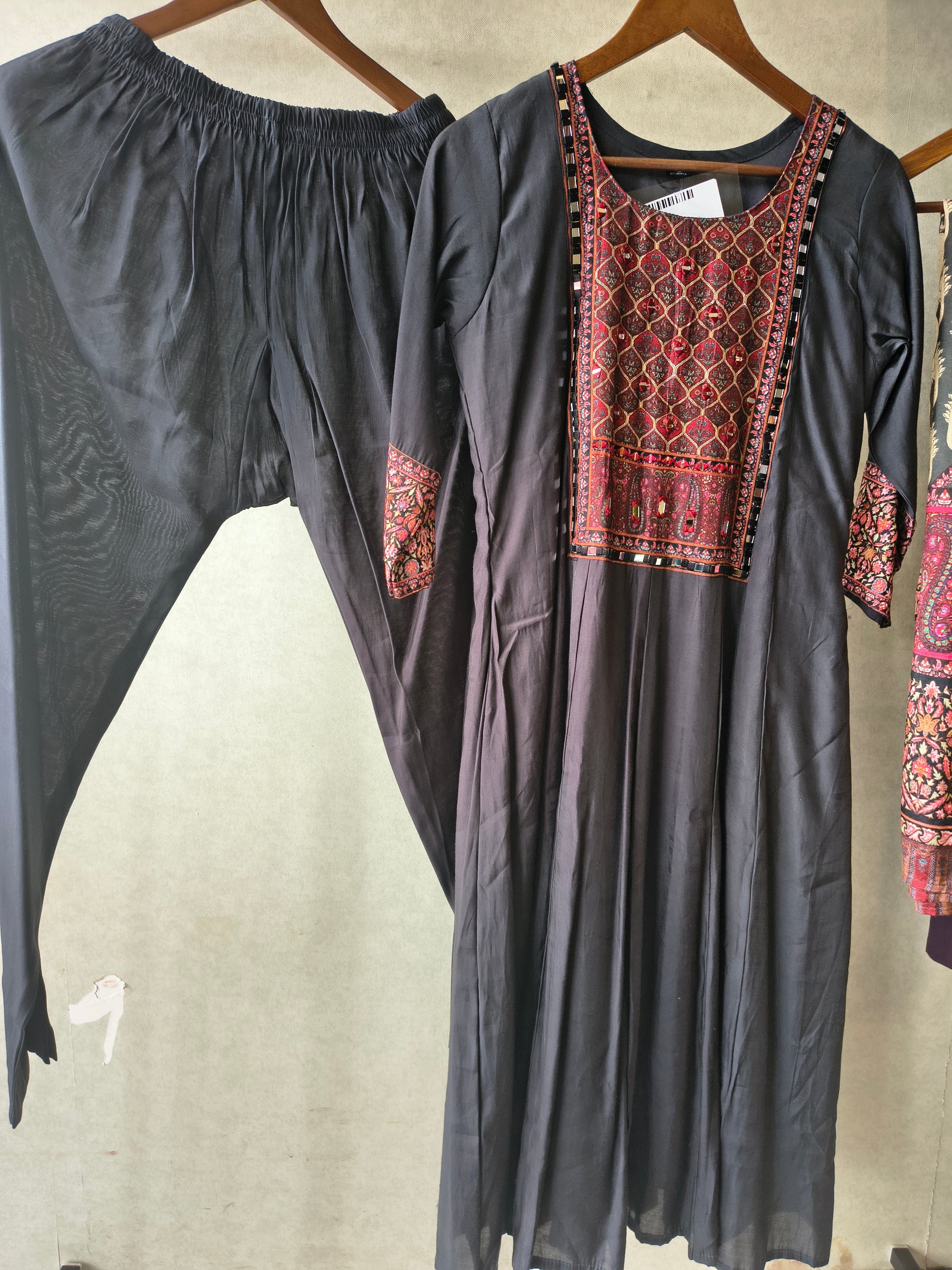 Premium Black Printed Anarkali Kurta Set with Ethnic Yoke, Solid Pants & Designer Dupatta