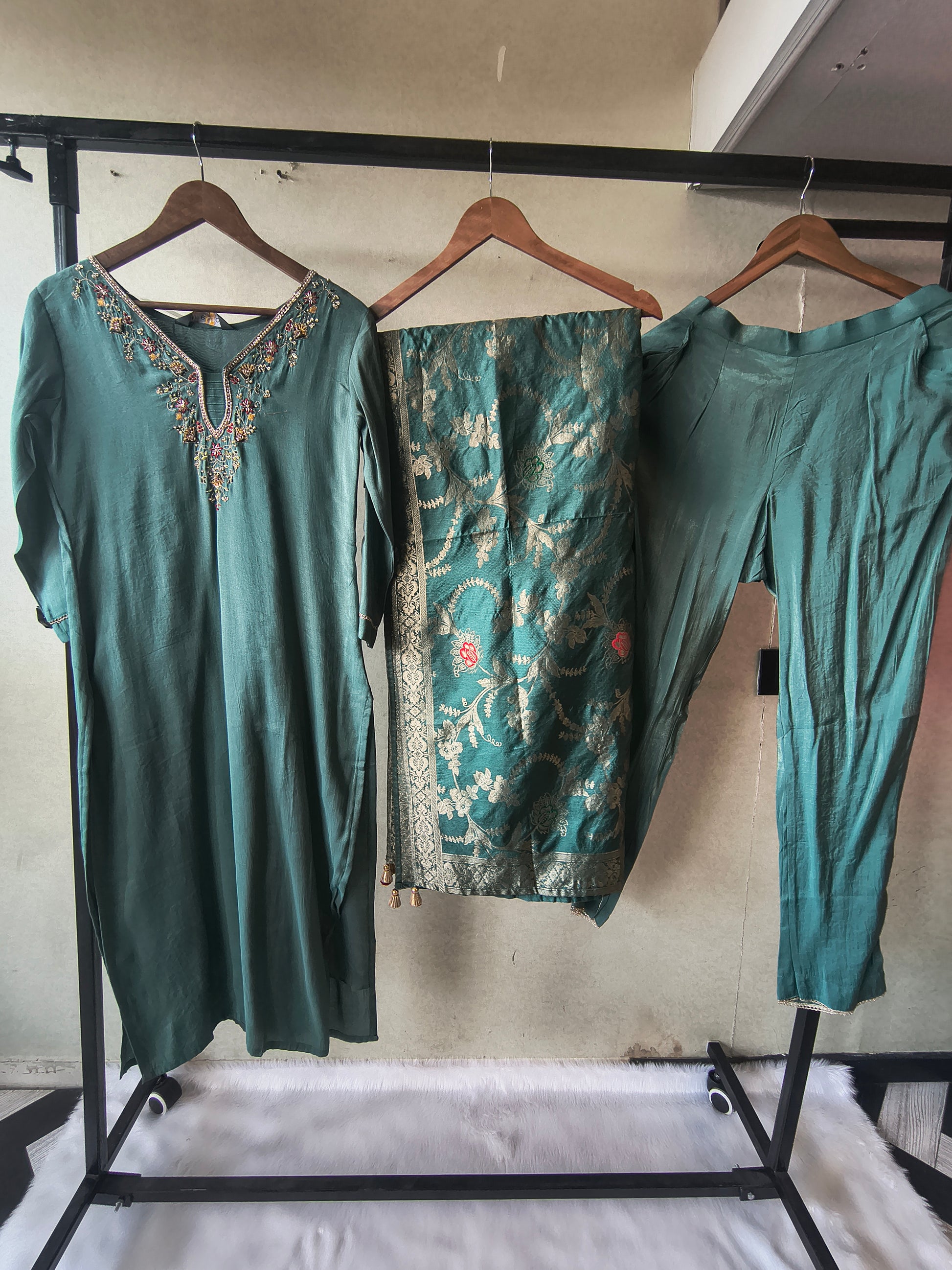 Premium Teal Silk Blend Embroidered Kurta Set with Woven Dupatta & Straight Pants