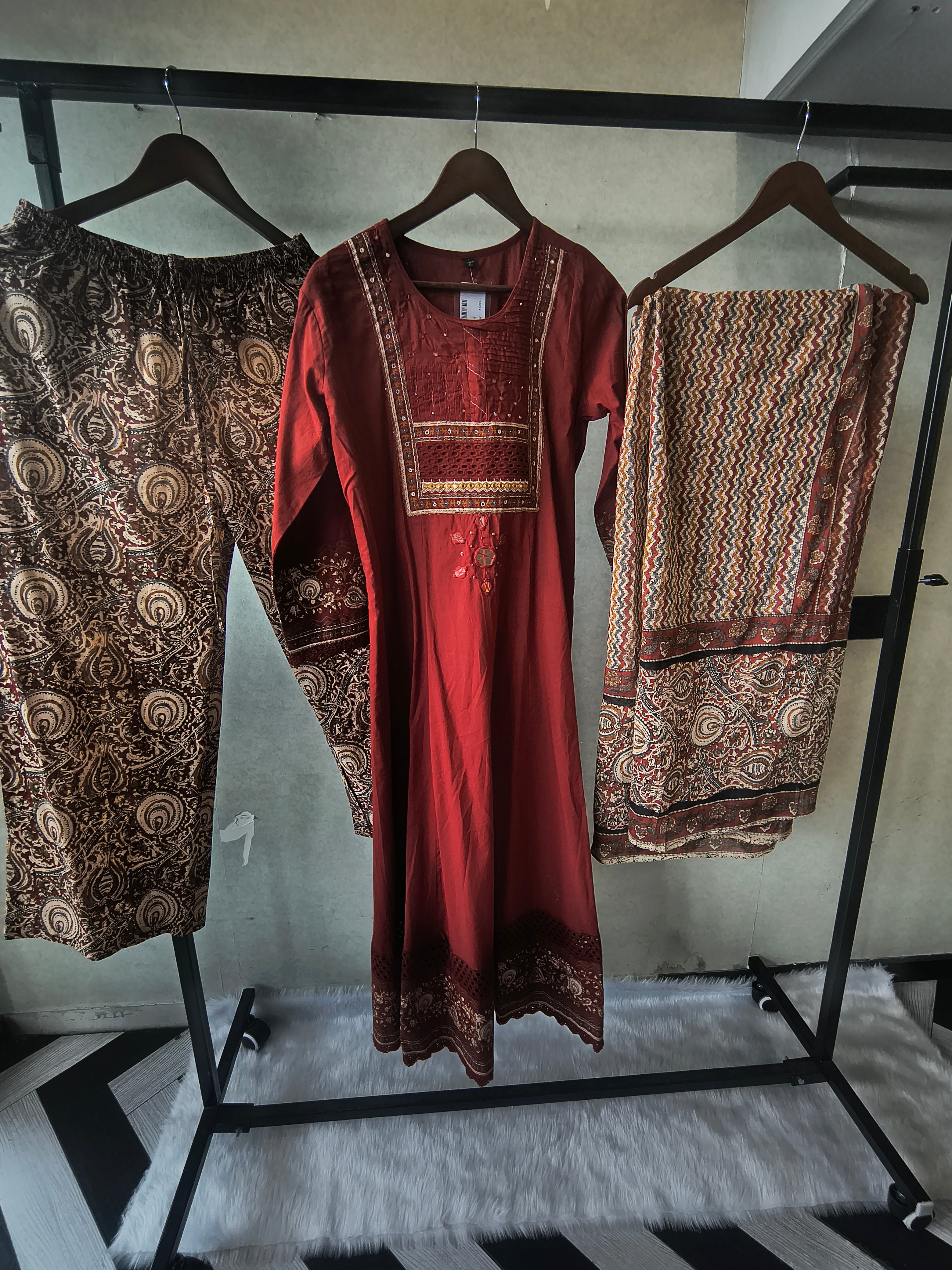 Image of Rust Red Embroidered Three-Piece Kurta Set with Printed Pant & Designer Dupatta