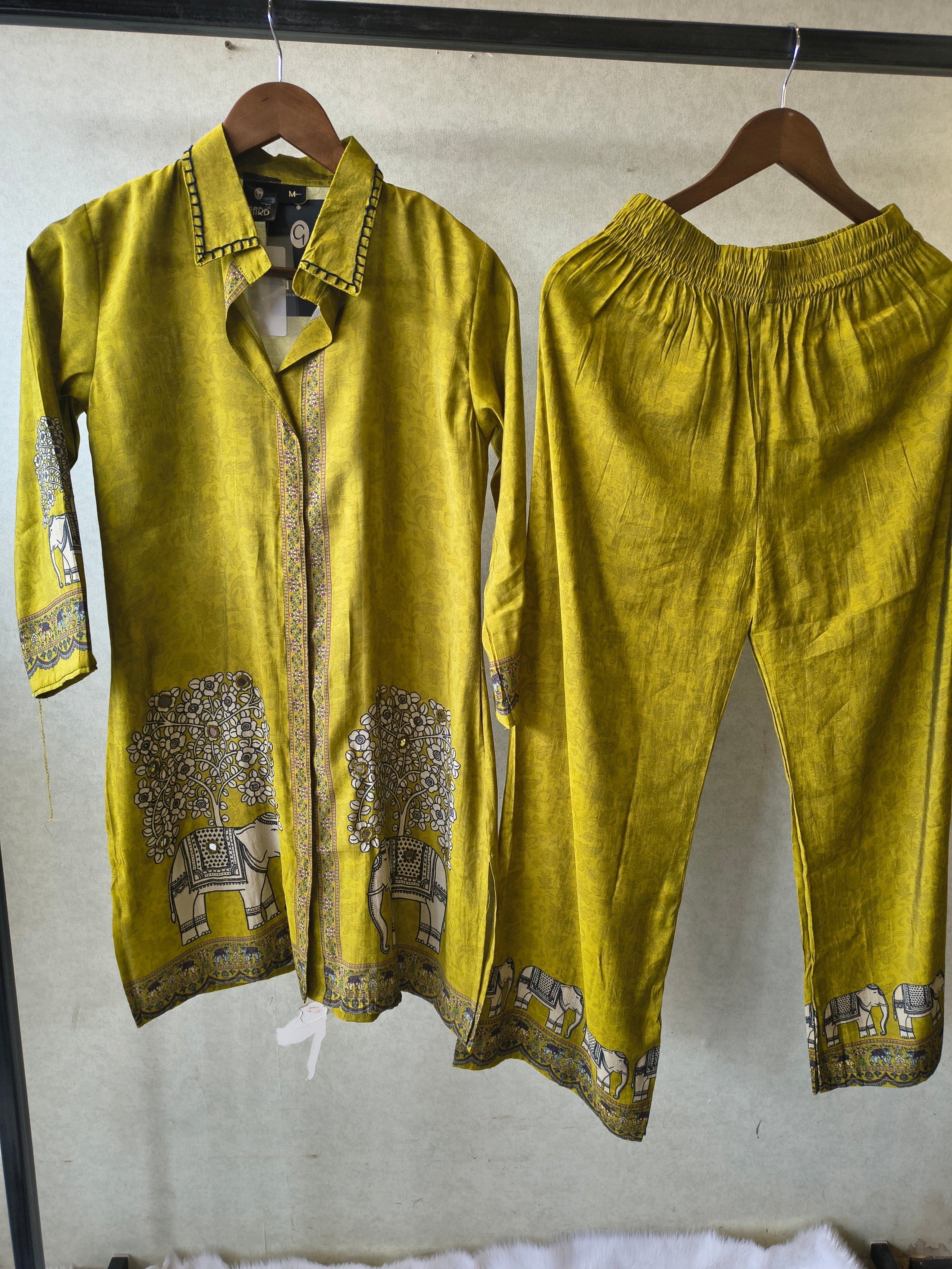 Image of Mustard Yellow Elephant Print Designer Co-Ord Set with Asymmetrical Hem