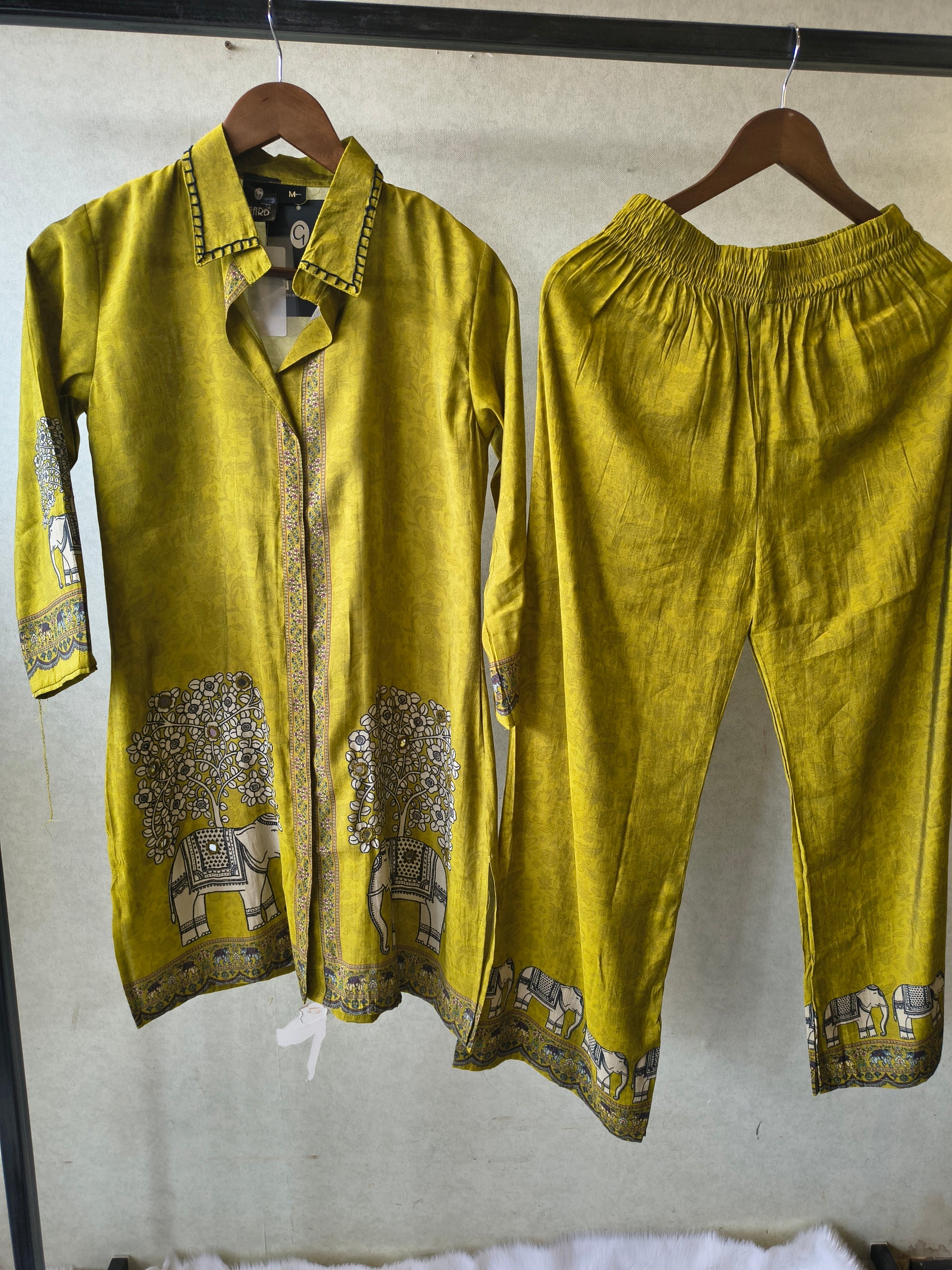 Mustard Yellow Elephant Print Designer Co-Ord Set with Asymmetrical Hem