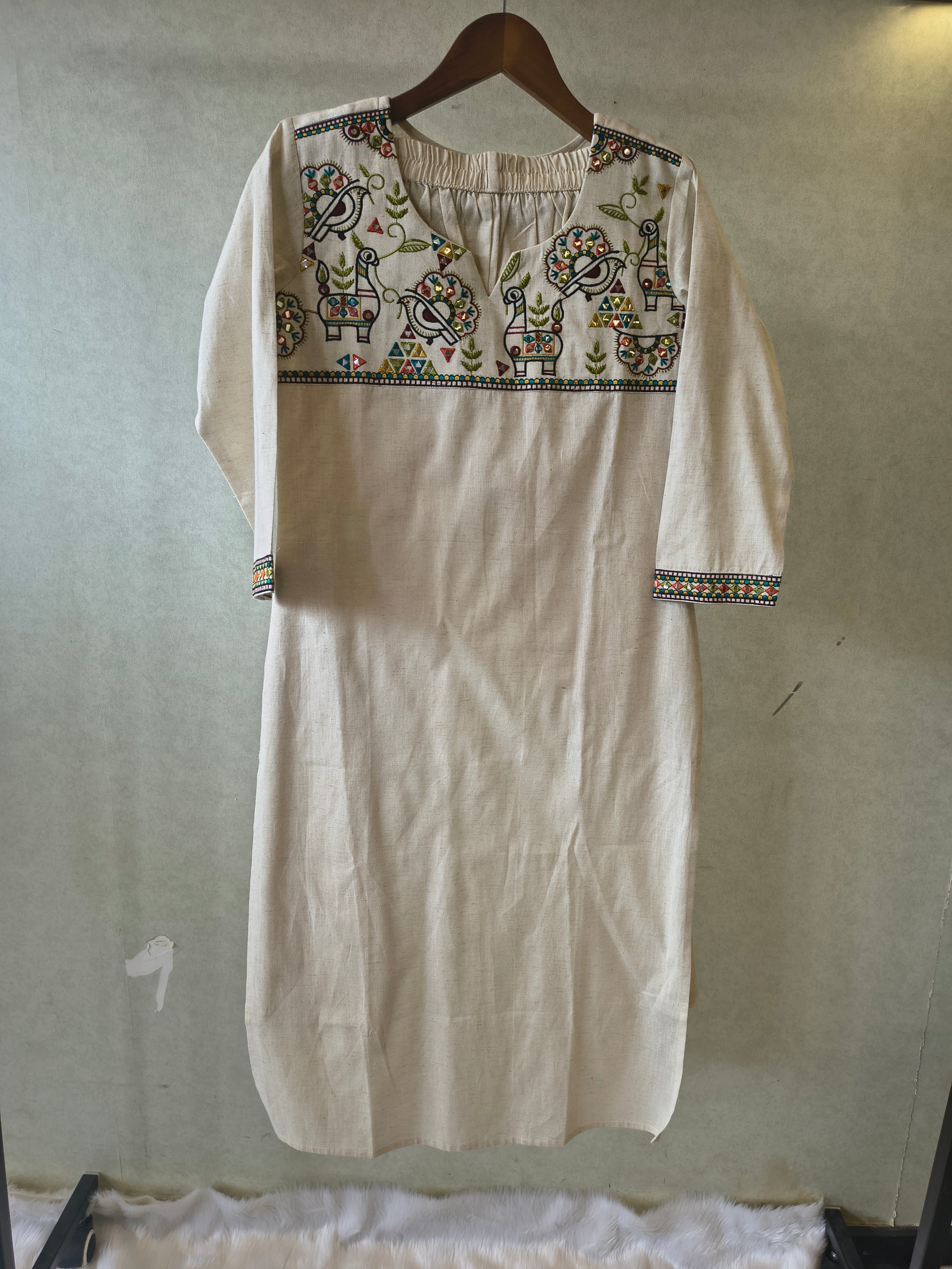 Ivory Cotton Linen Kurta Set with Multicolour Folk Embroidery & Straight Pants