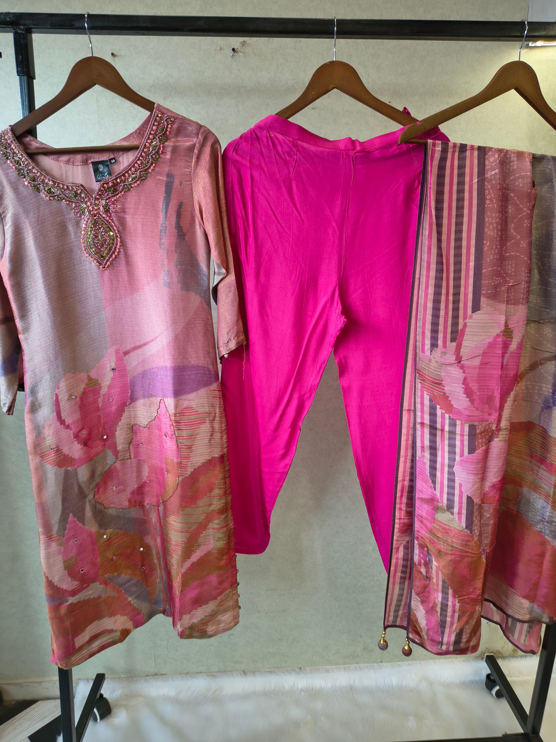 Dusty Rose Abstract Printed Kurta Set with Embellished Neckline & Dupatta | Premium 3 Piece Ethnic Suit