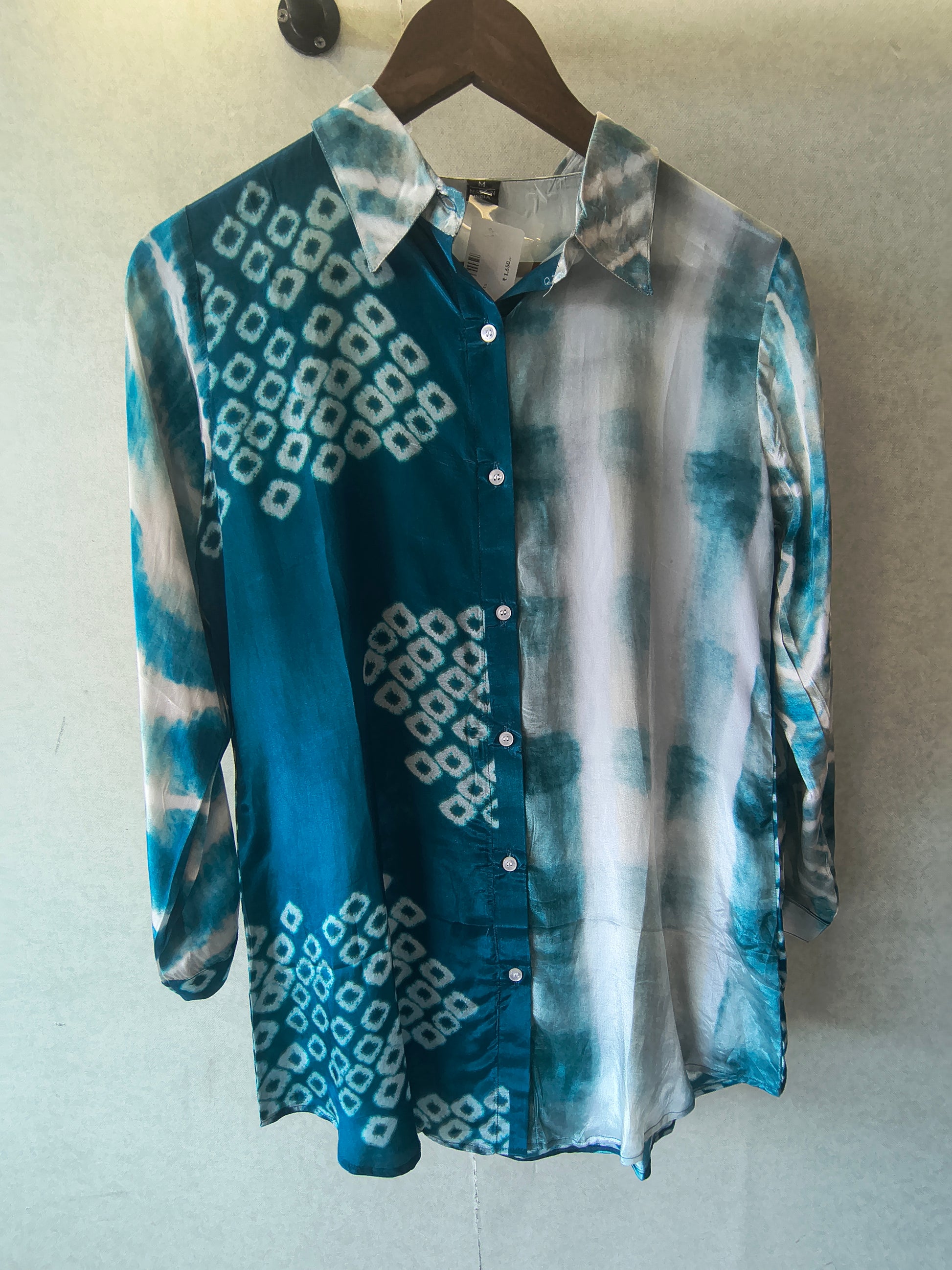 Teal Shibori Print Satin Shirt Style Tunic